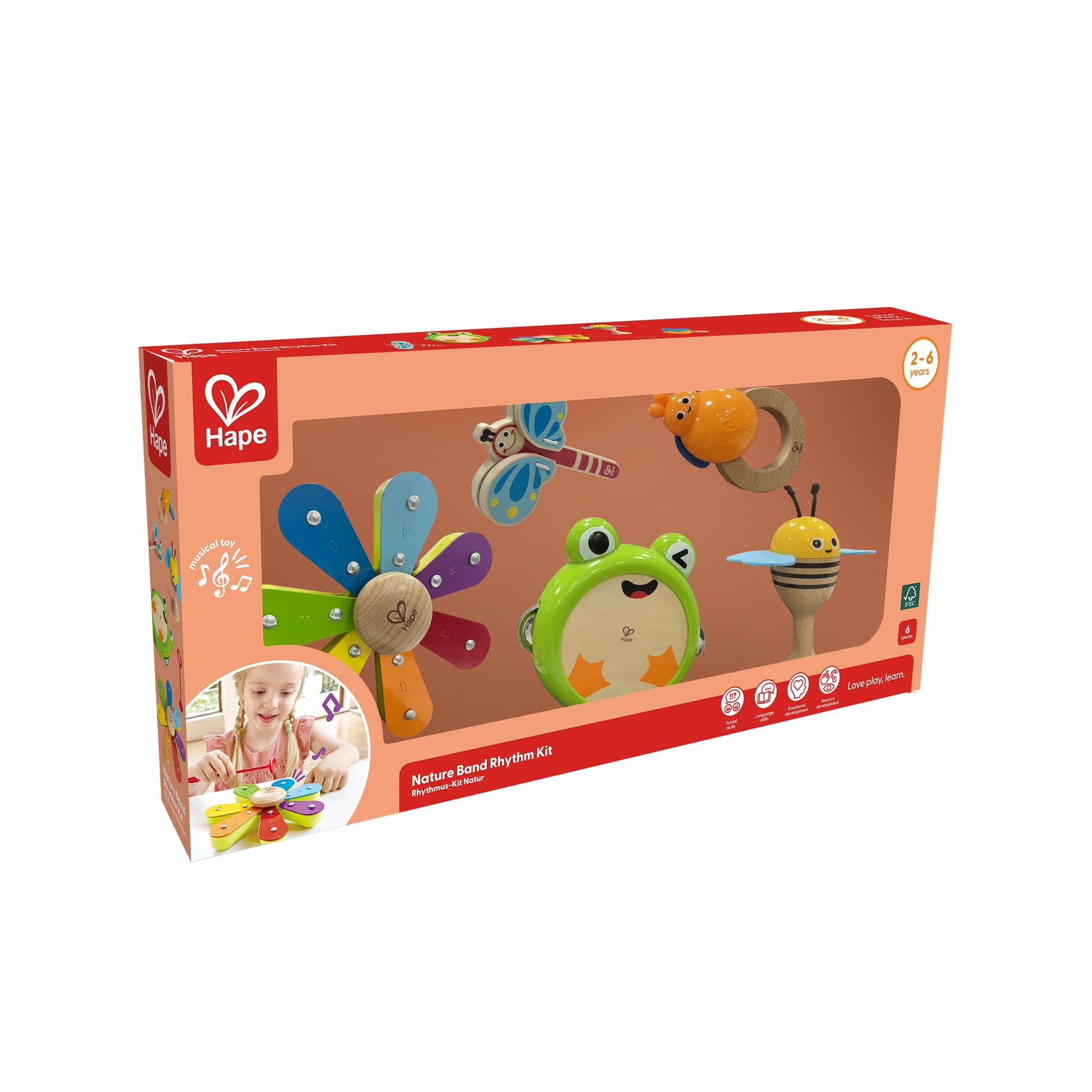 Packaging for Hape Nature Band Rhythm Kit with various musical instruments designed to look like nature elements such as a frog and a bee, visible through a clear plastic window.