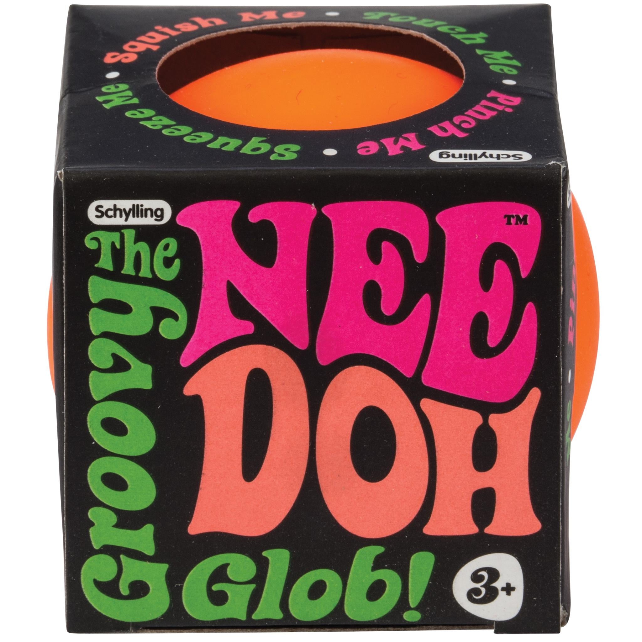 Packaging of 'The Groovy Nee Doh Glob' with colorful lettering and an orange stress ball visible through a window on the box.
