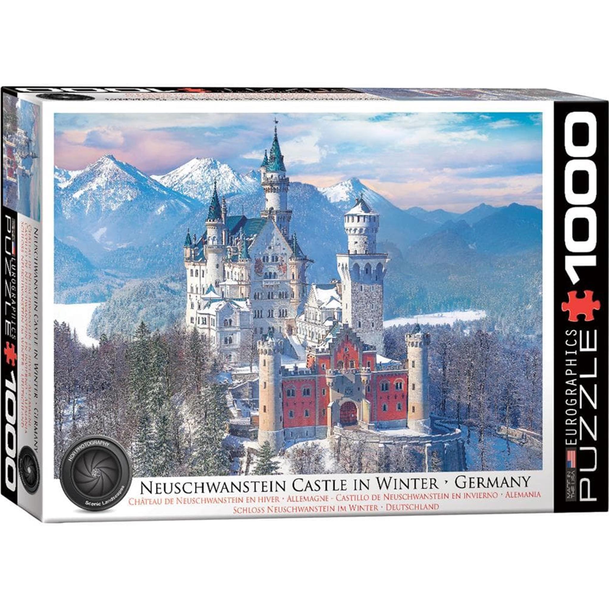 A 1000-piece jigsaw puzzle box featuring Neuschwanstein Castle in a winter setting with snow-covered mountains in the background.