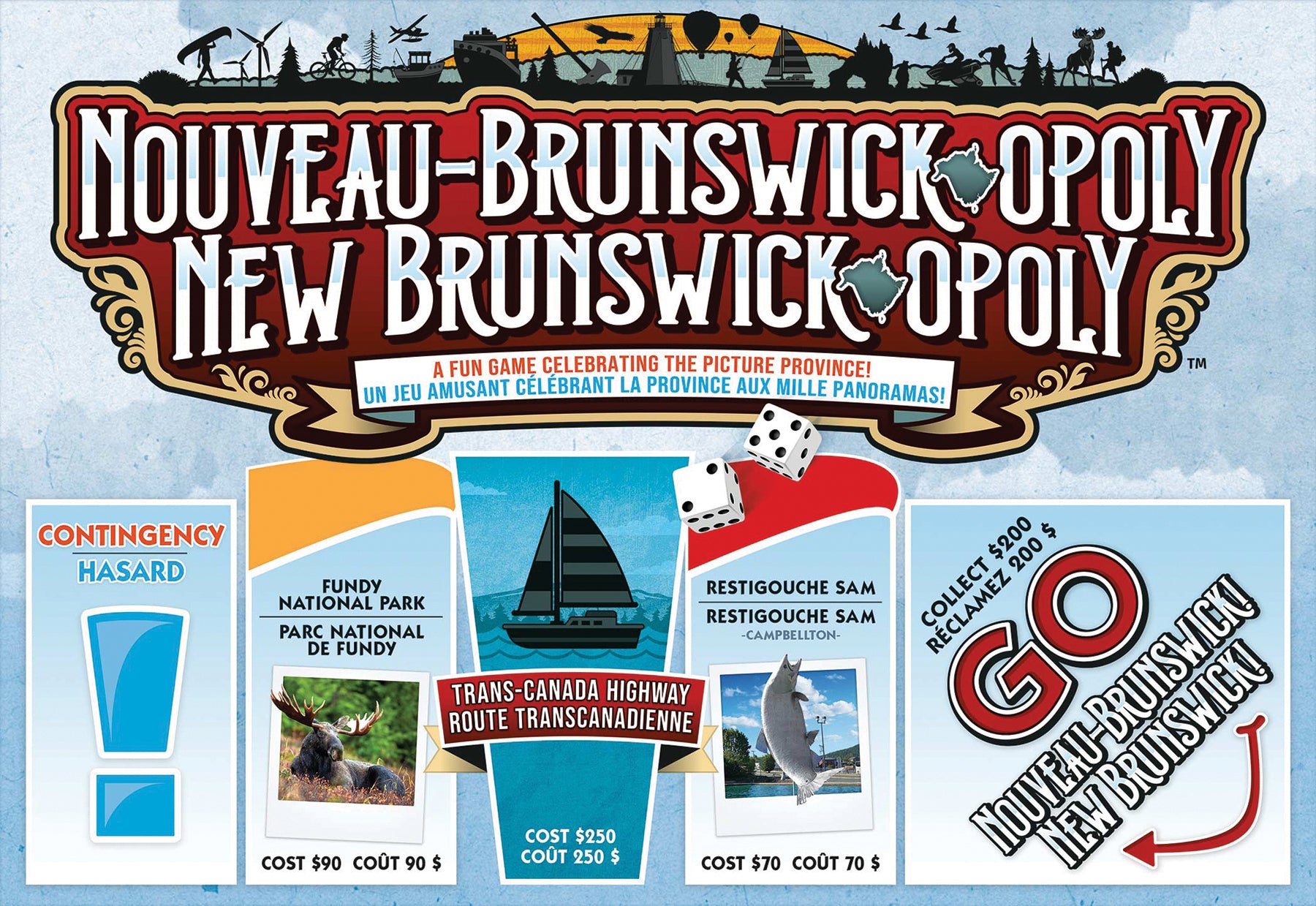 A board game cover for 'New Brunswick-Opoly', featuring iconic landmarks and properties from New Brunswick, with a colorful graphic design and game elements like a game board, properties, and a moose.