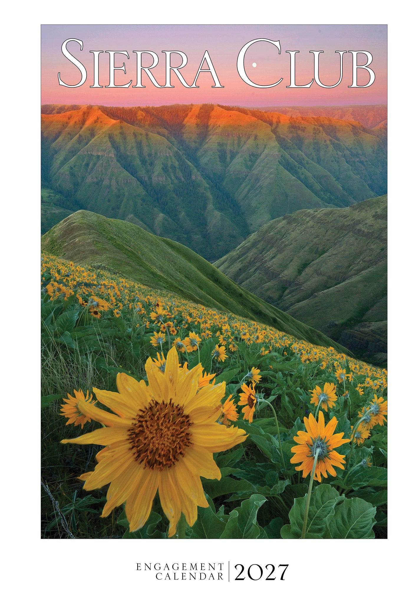 Sierra Club 2027 engagement calendar with a mountain landscape and yellow flowers.