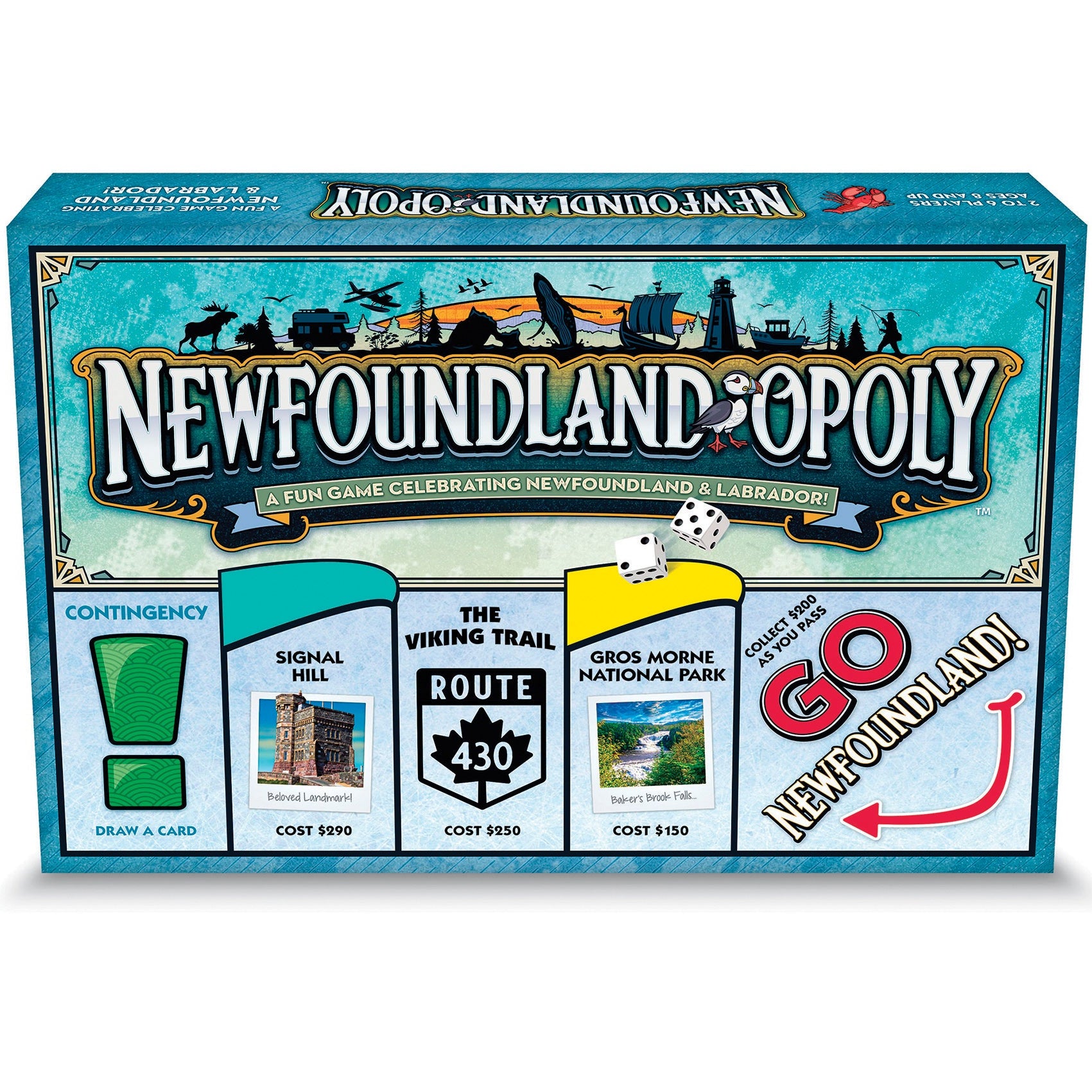 Board game box cover for Newfoundland Opoly, featuring iconic locations and elements associated with Newfoundland.