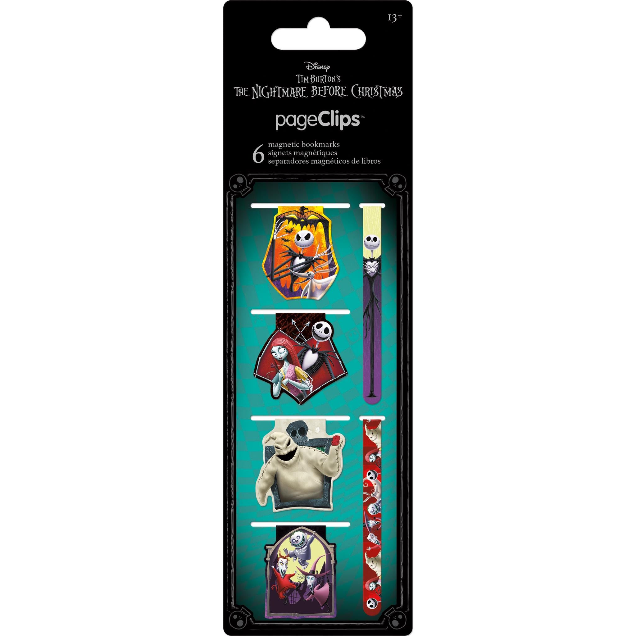Packaging for 'Nightmare Before Christmas Page Clips' featuring die-cut shapes with colorful designs of characters from the movie.