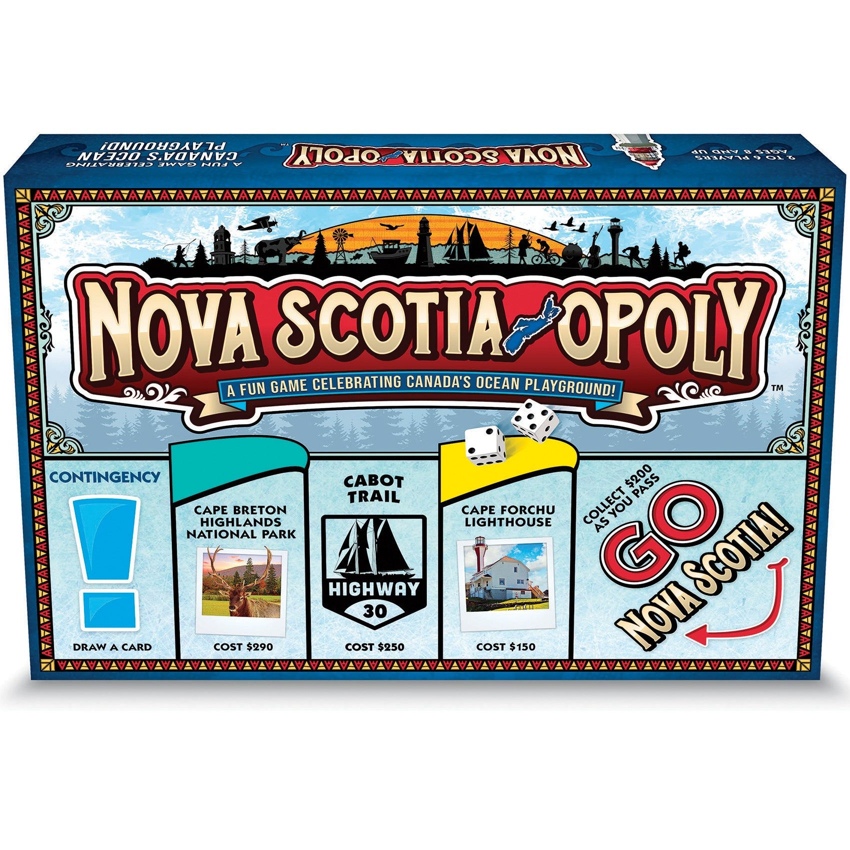 Board game box cover for Nova Scotia Opoly, featuring iconic landmarks and Monopoly-style game graphics.