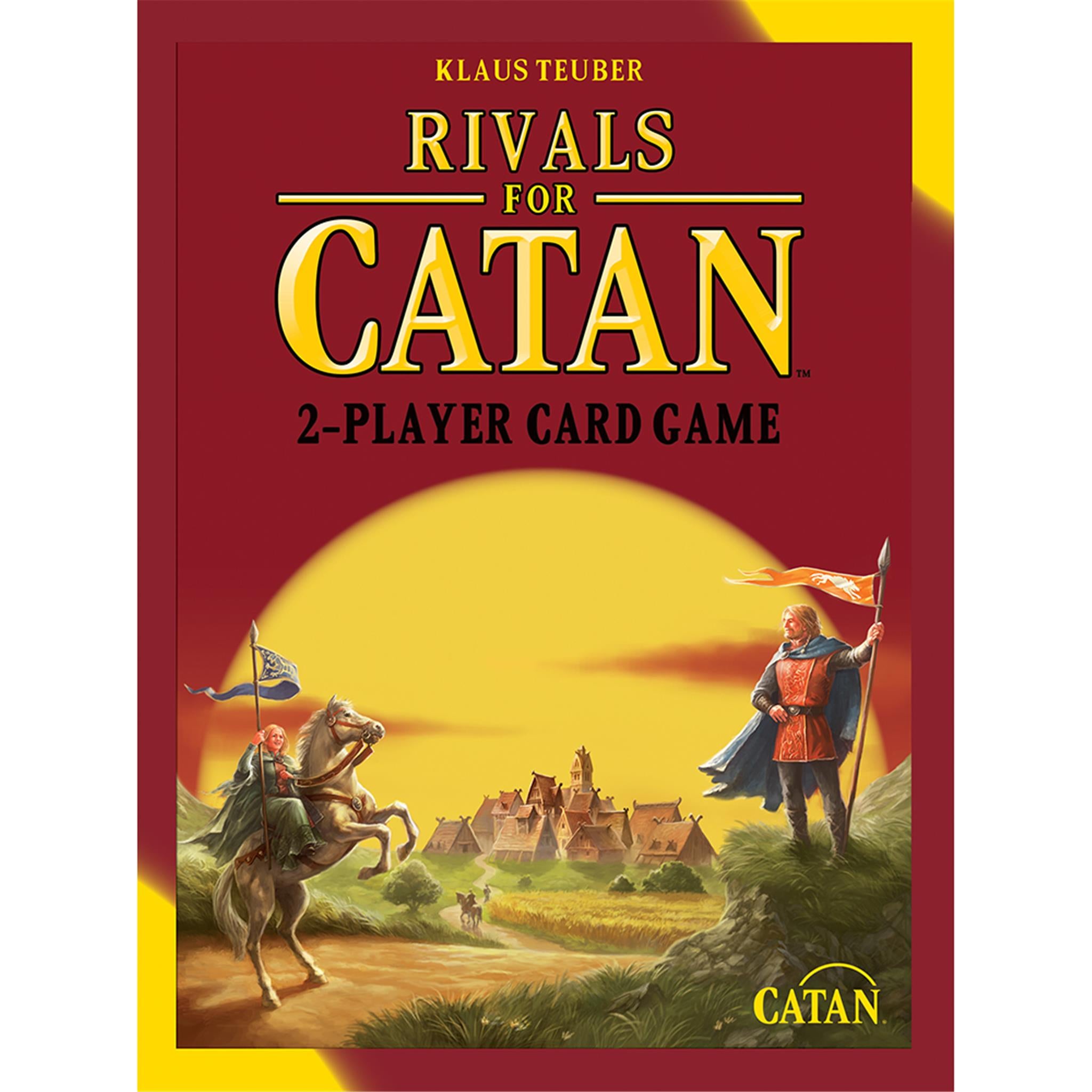 Cover art for Rivals for Catan 2-Player Card Game featuring illustrations of characters and a fantasy landscape.
