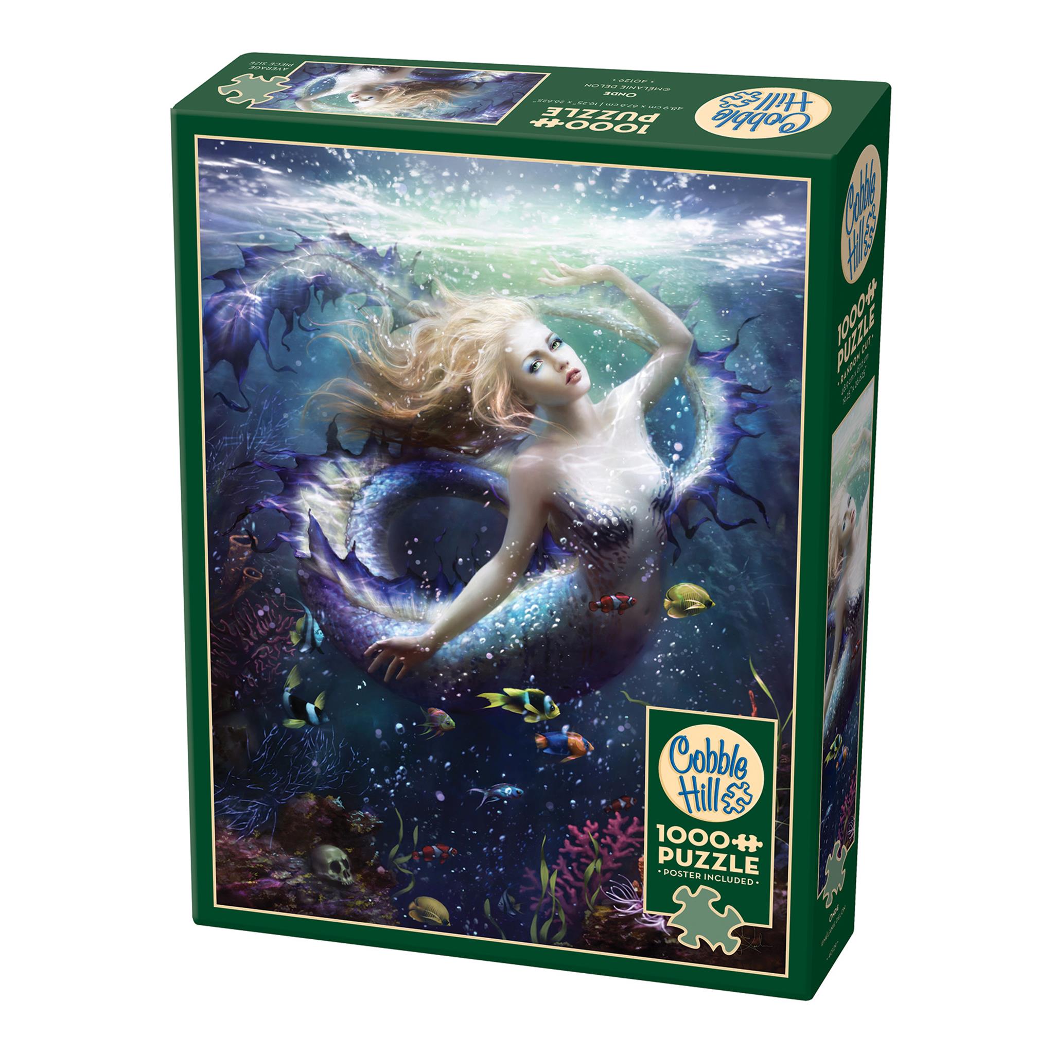 A 1000 piece Cobble Hill puzzle box featuring an illustrated mermaid underwater with fish and a magical aura.