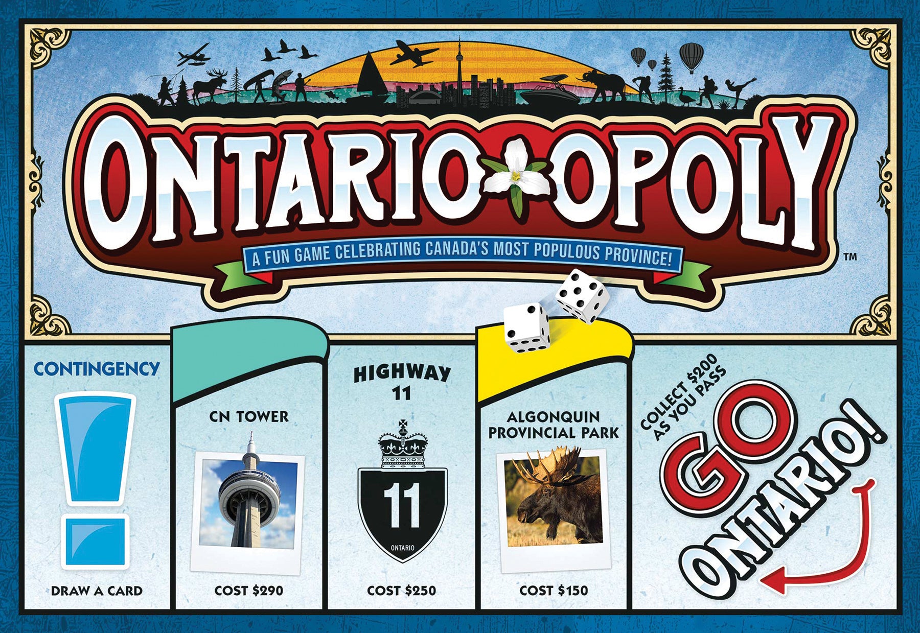 A board game named Ontario-Opoly featuring iconic landmarks from Ontario, Canada, with property trading gameplay.