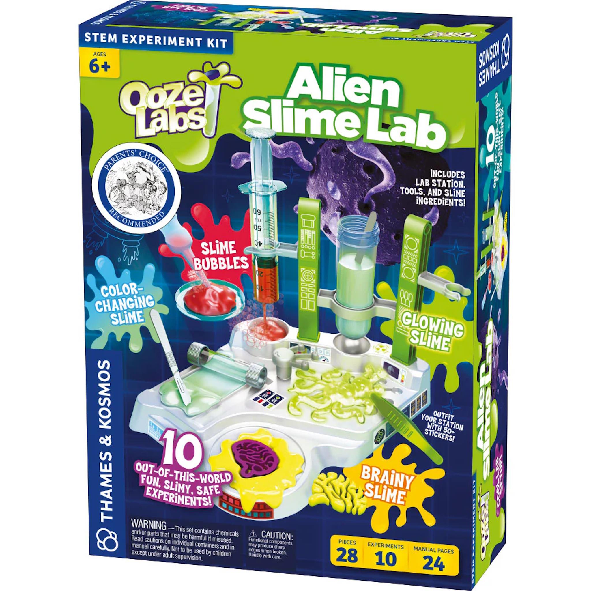 Packaging for Ooze Labs Alien Slime Lab by Thames and Kosmos, featuring images of the slime and laboratory equipment, with colors predominantly green and purple.