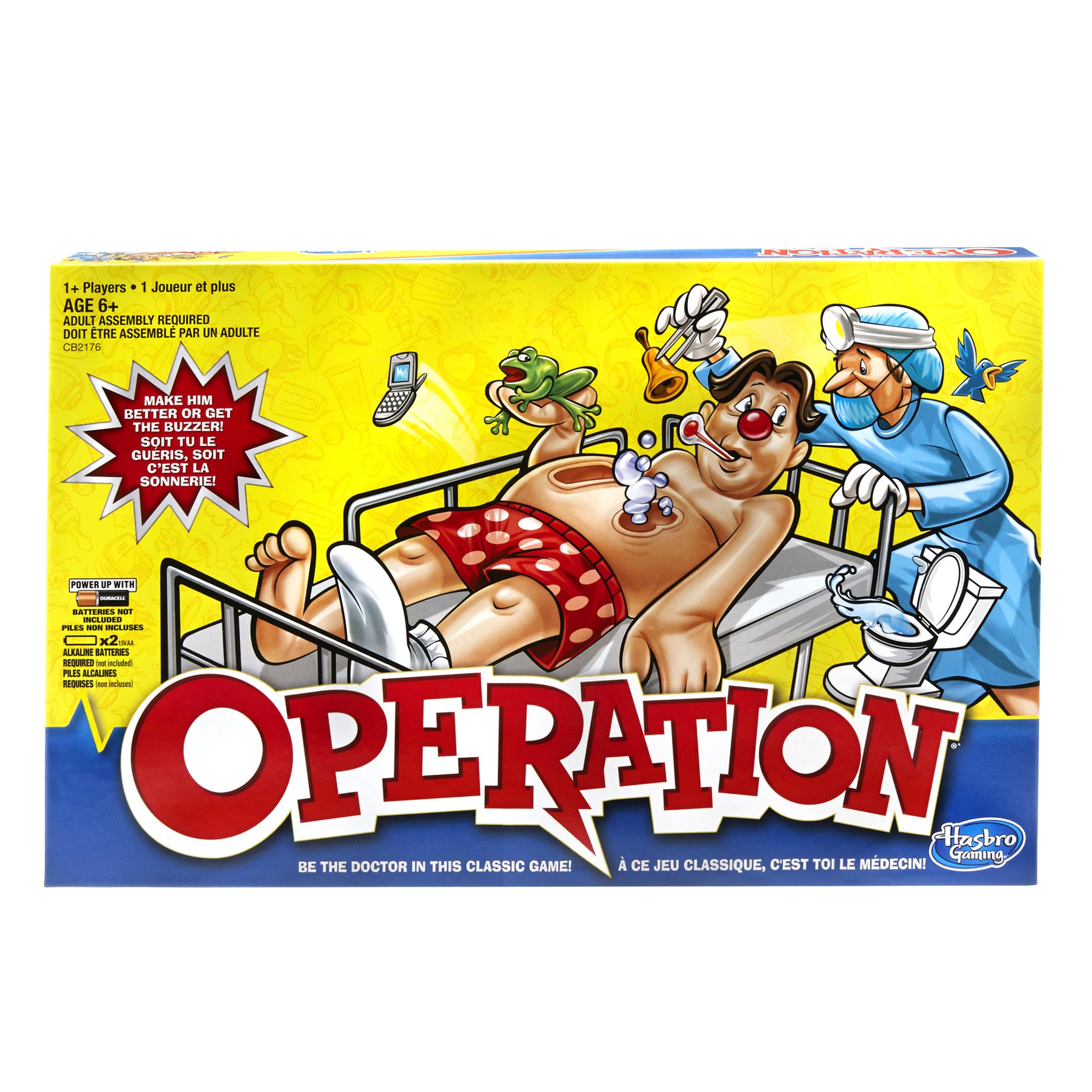 Box cover art for the board game 'Operation' featuring a cartoon illustration of a patient, Cavity Sam, lying on a bed with a doctor and nurse, with the title 'OPERATION' prominently displayed at the top.