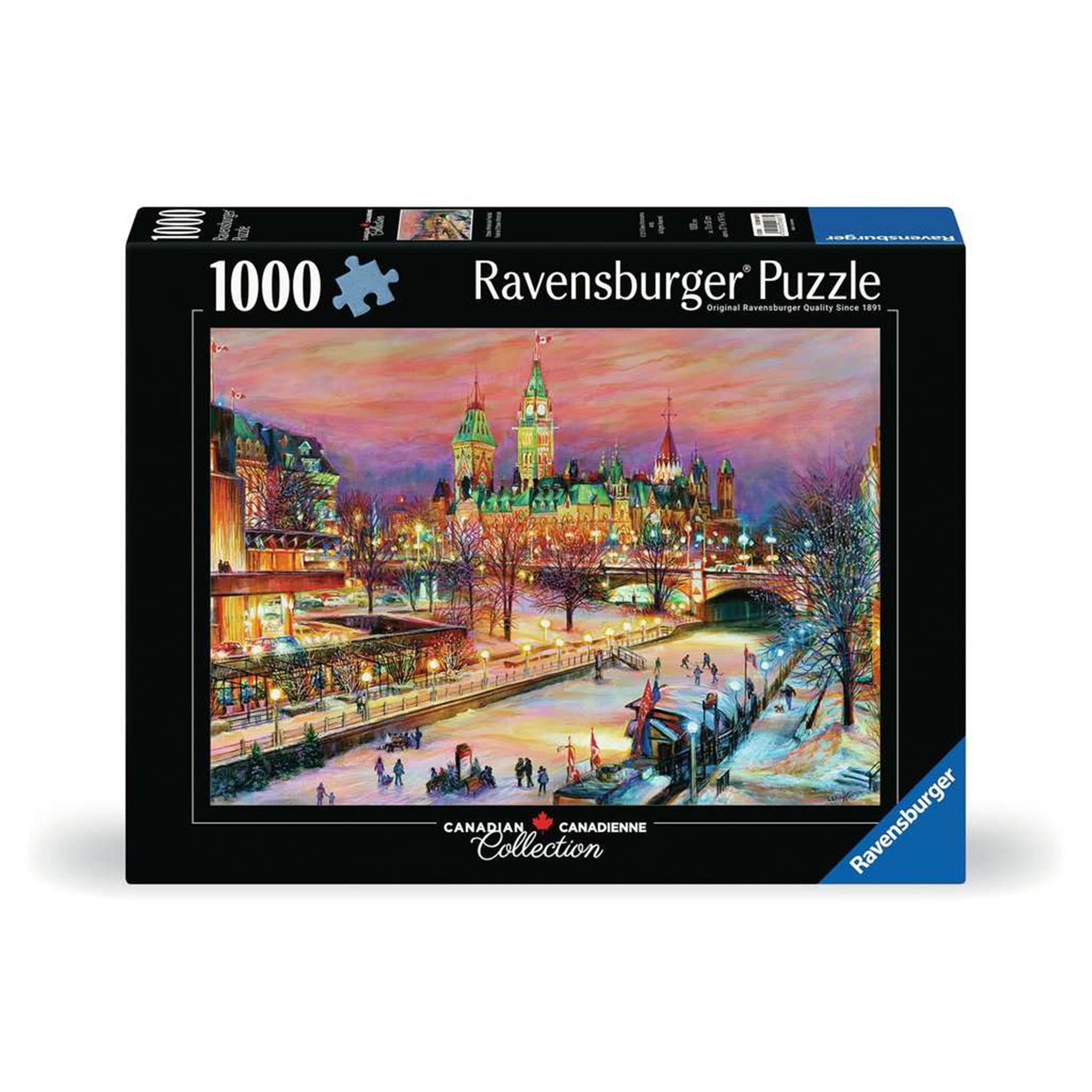 A 1000 piece Ravensburger jigsaw puzzle box featuring an image of Ottawa Winterlude Festival with a cityscape at dusk.