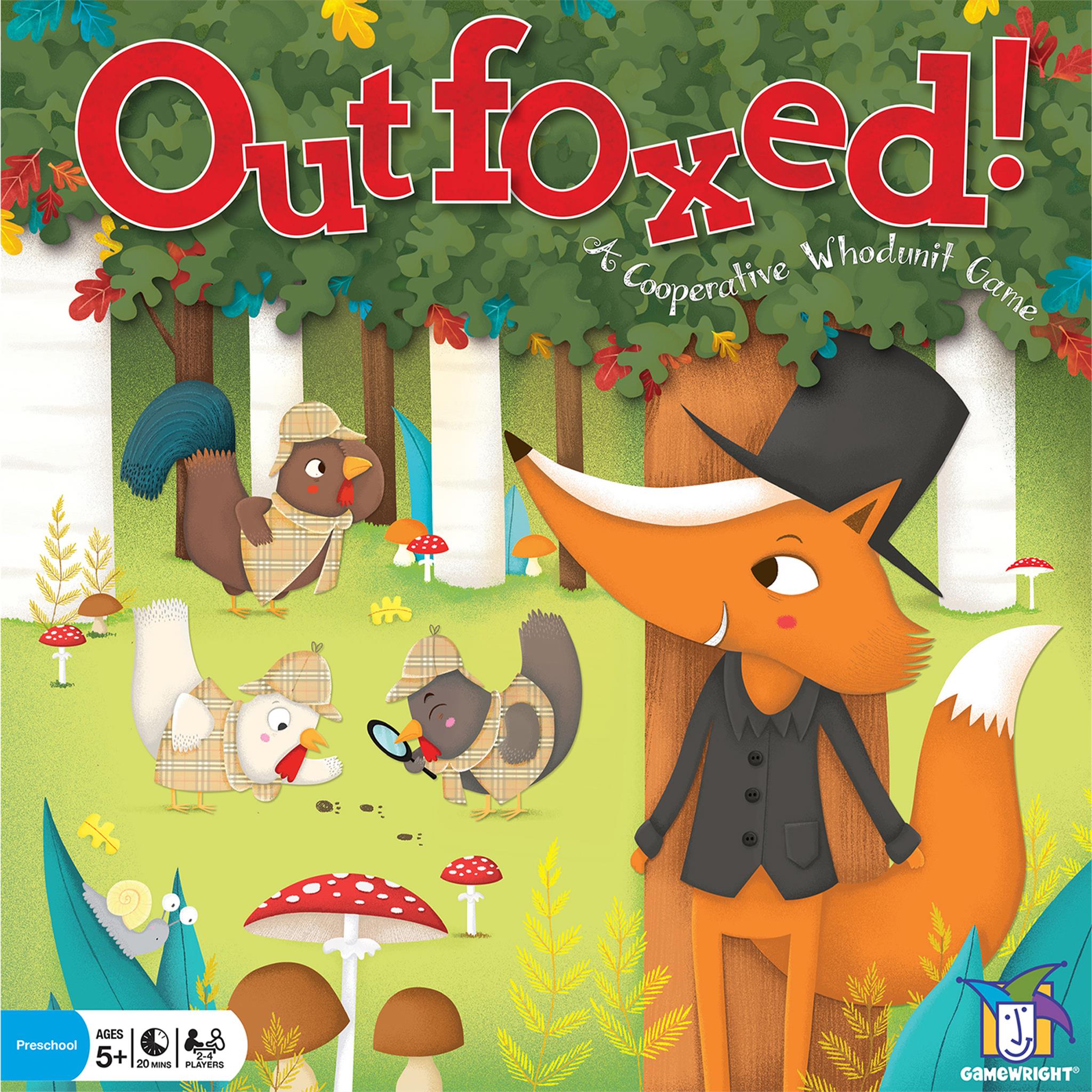 Cover art for the board game 'Outfoxed!' featuring cartoon illustrations of a fox, a rabbit, and a squirrel in a forest setting with mushrooms and autumn leaves.