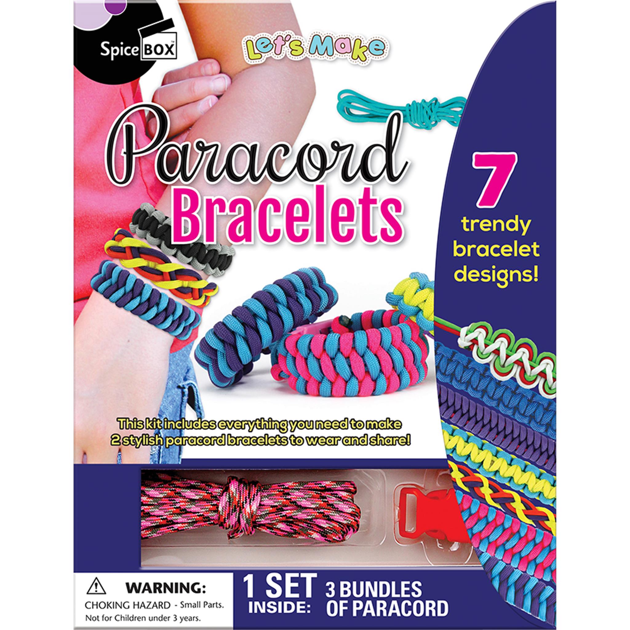 Packaging for 'Paracord Bracelets' craft kit showing various colorful paracord bracelets and the text of the kit contents.