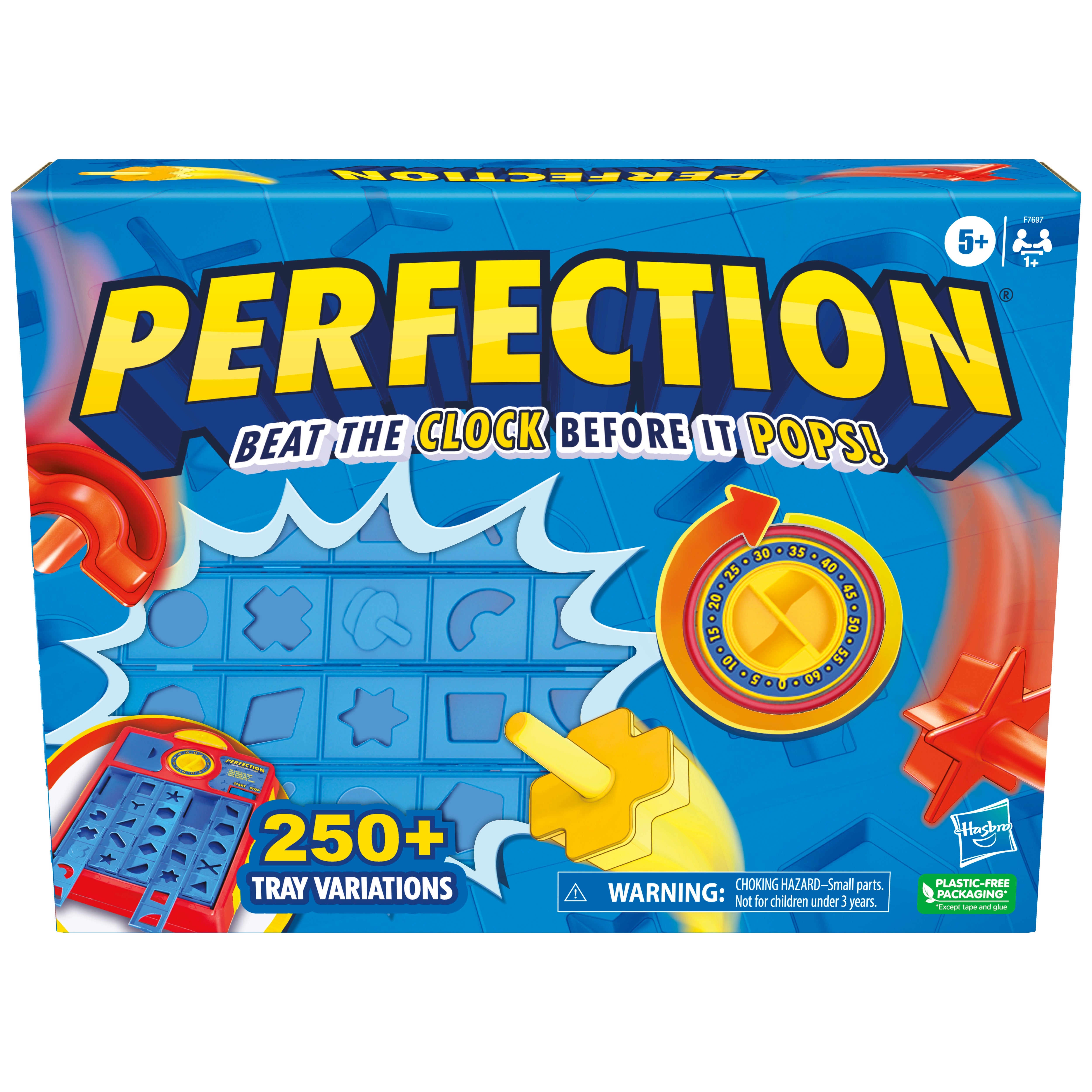 Box of the Perfection board game featuring the game title, an image of the game board with shapes, and the text '250+ Tray Variations'. The game is for ages 5 and up, with the Hasbro Gaming logo.