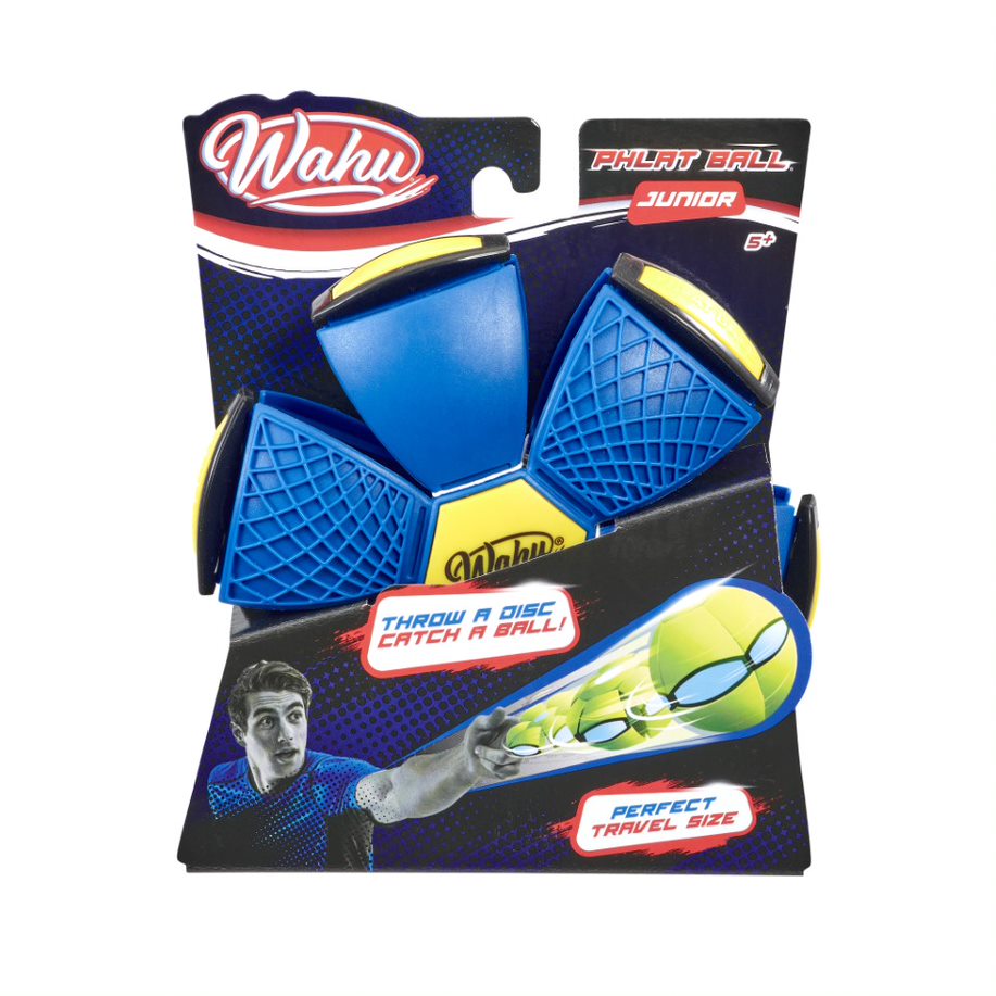 Packaging of Wahu Phlat Ball Junior featuring a blue disc and green ball with the text 'Throw a disc, catch a ball.