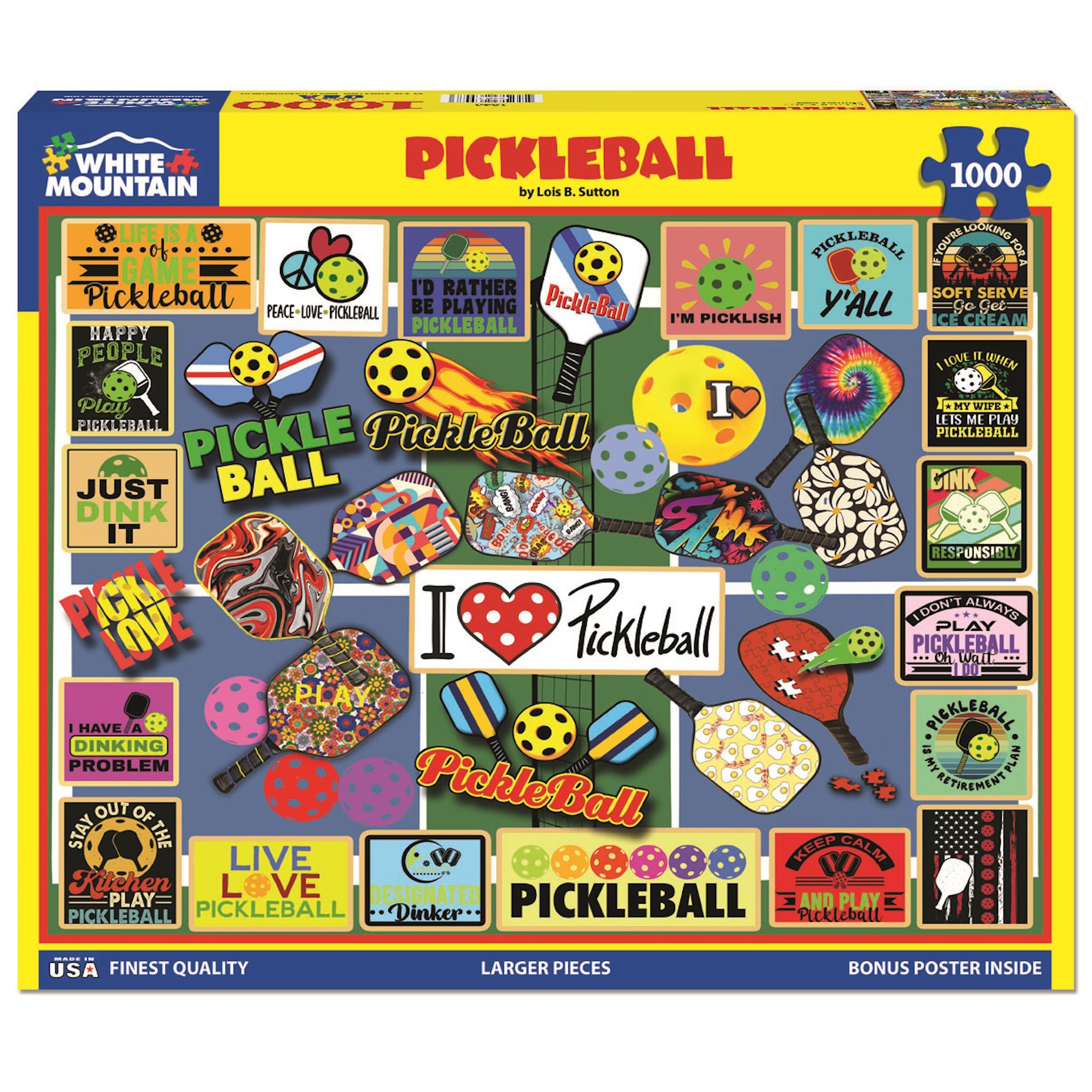 A 1000 piece jigsaw puzzle box featuring various colorful designs and text related to the sport of pickleball.