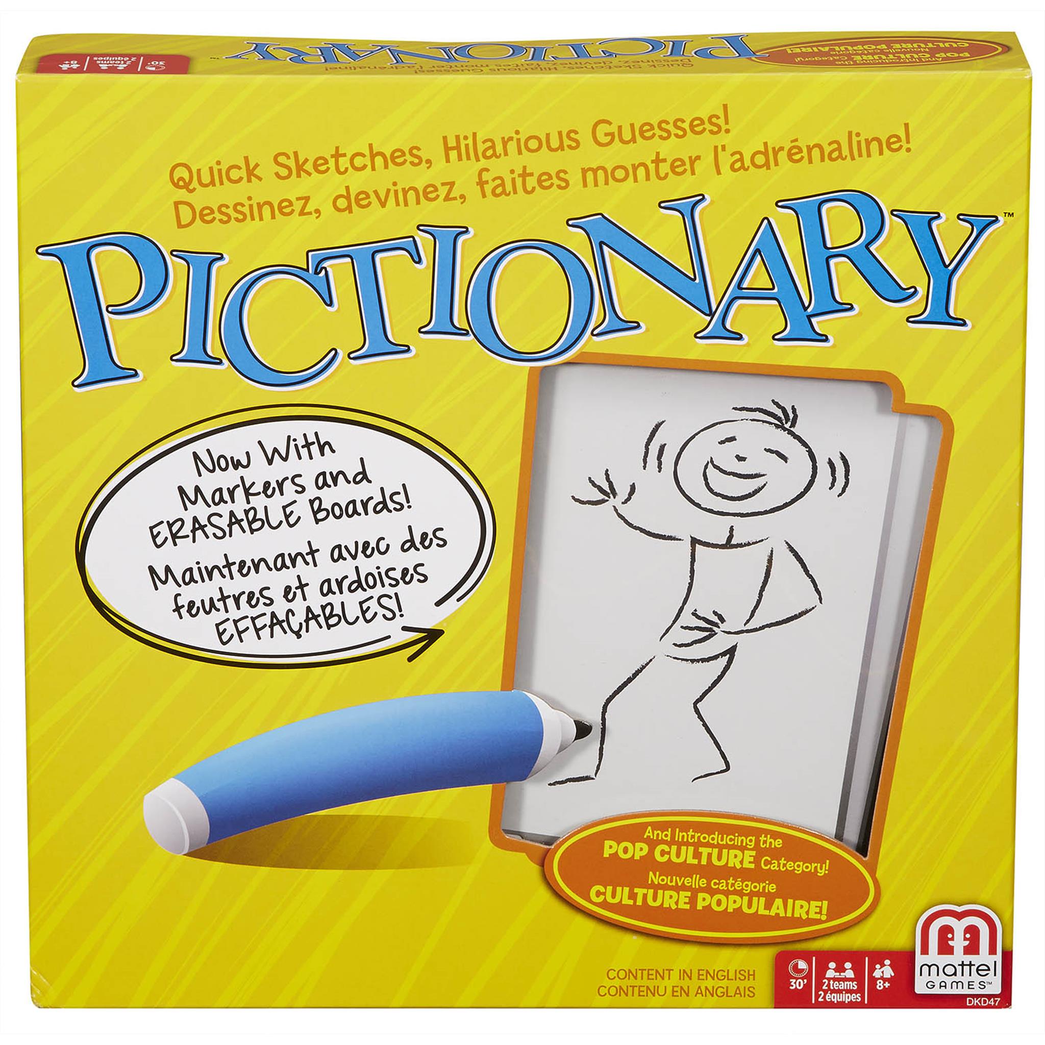 Box of the Pictionary board game featuring the game's name, an illustration of a person drawing, and the text 'Now with Markers and Erasable Boards!' indicating the game's equipment.