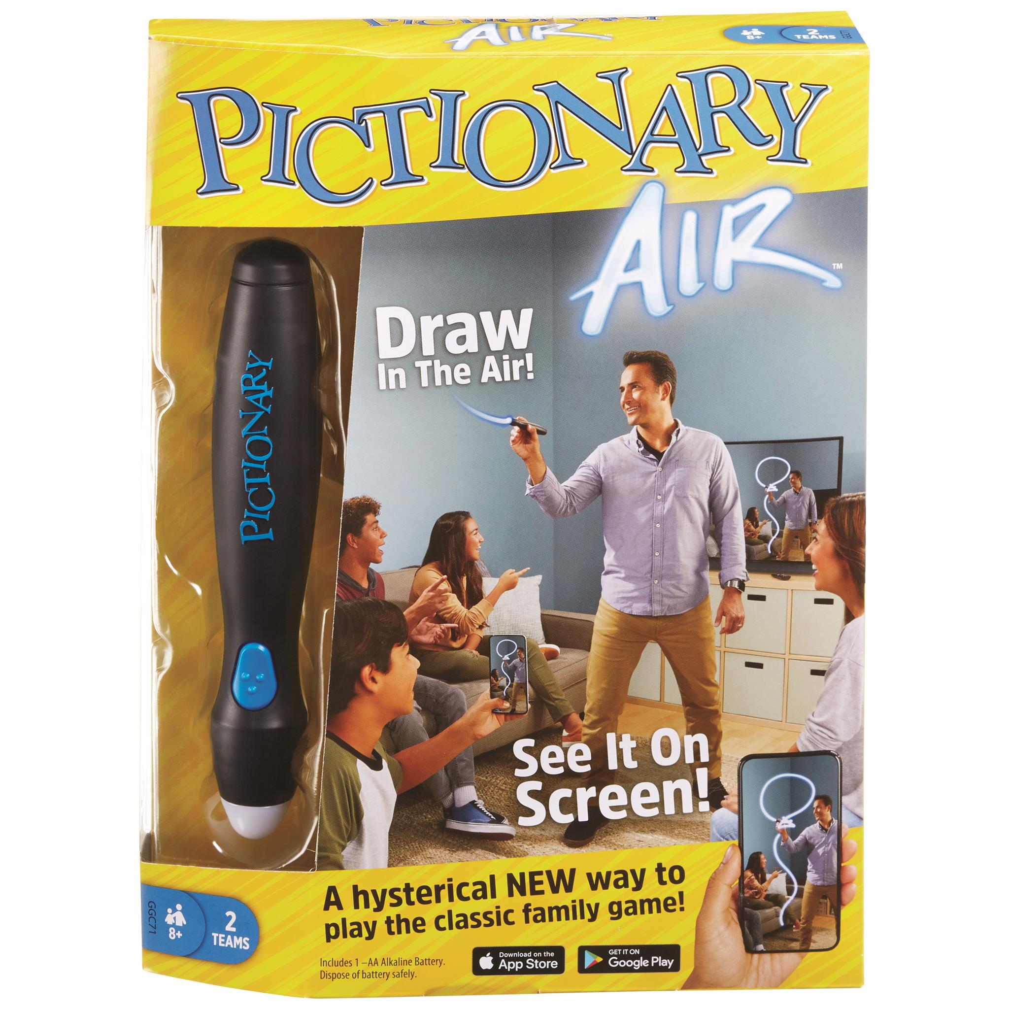 Packaging for Pictionary Air game featuring the game name, an image of a man drawing in the air, and the Pictionary Air pen with a blue light on the tip.