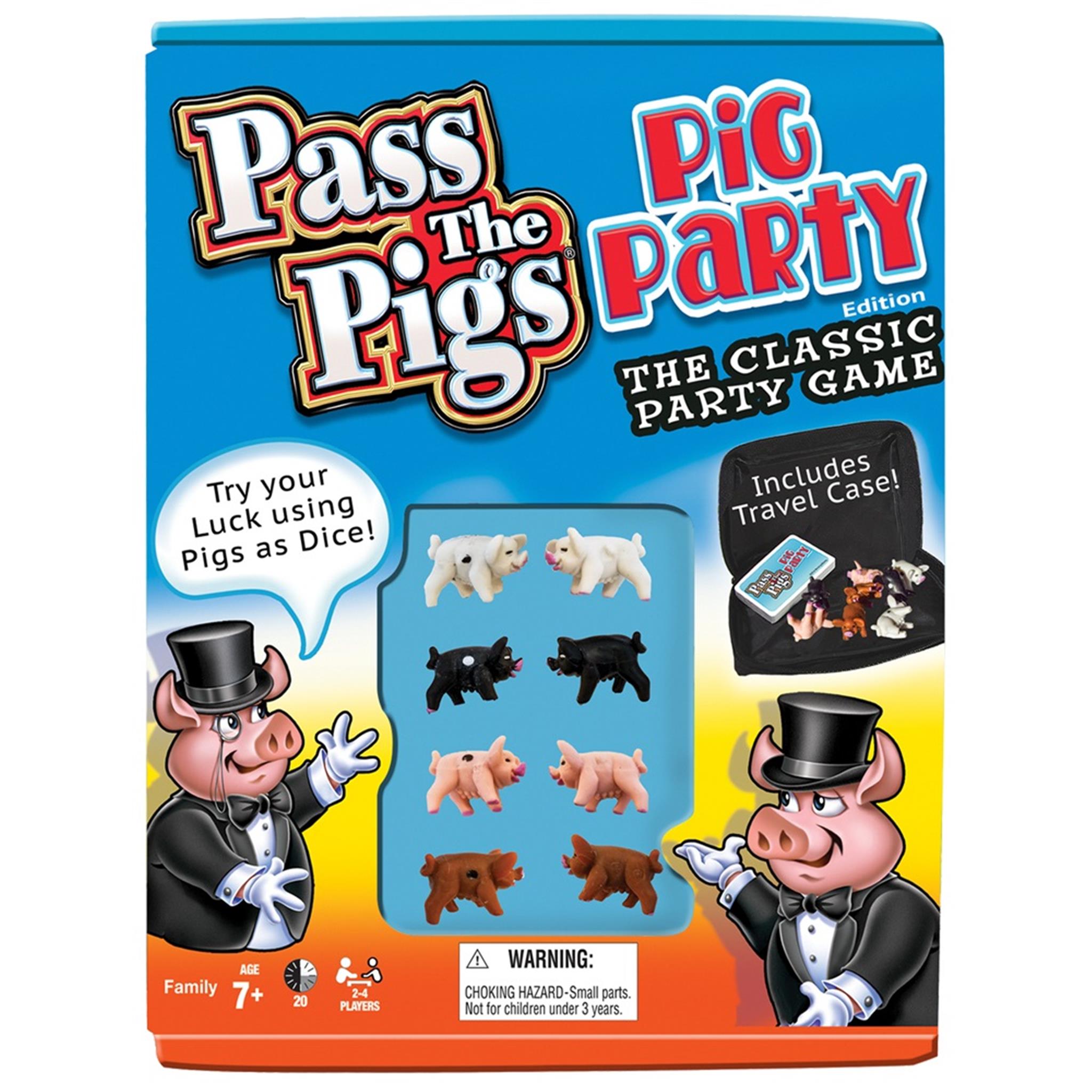 The image shows the packaging of 'Pass The Pigs Pig Party' game which includes visual of pigs in motion, suggesting the gameplay of rolling dice. The box features cartoon style illustrations of pigs wearing party hats and a human character holding the pigs.