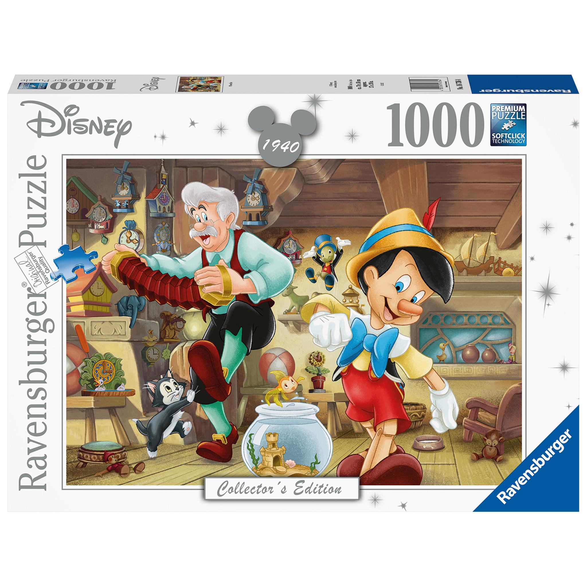 A 1000-piece jigsaw puzzle featuring characters from the Disney movie Pinocchio in a festive scene in a workshop.