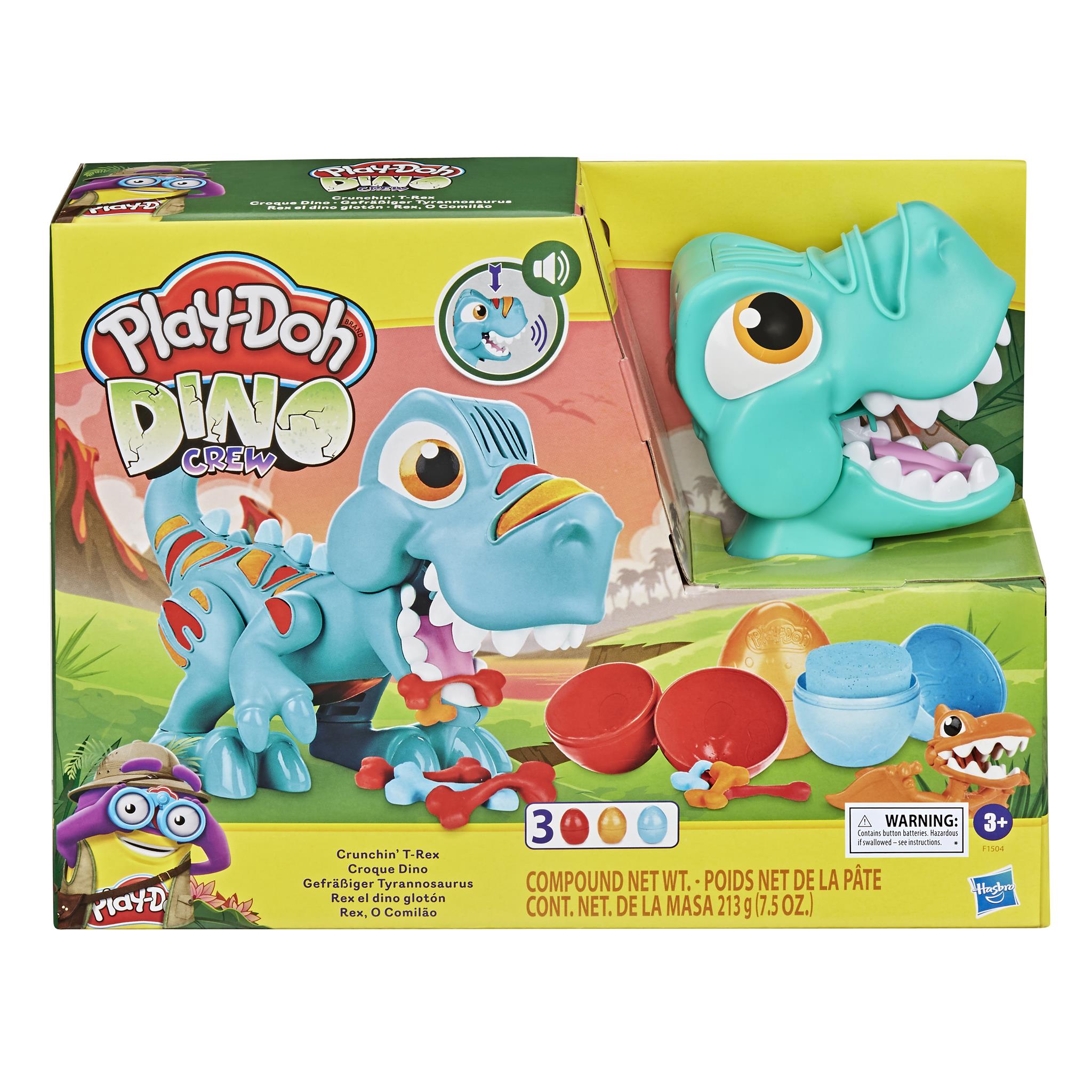 Packaged Play-Doh Dino Crunch toy featuring a green T-Rex and a blue pterodactyl with Play-Doh modeling compound and three Play-Doh eggs.