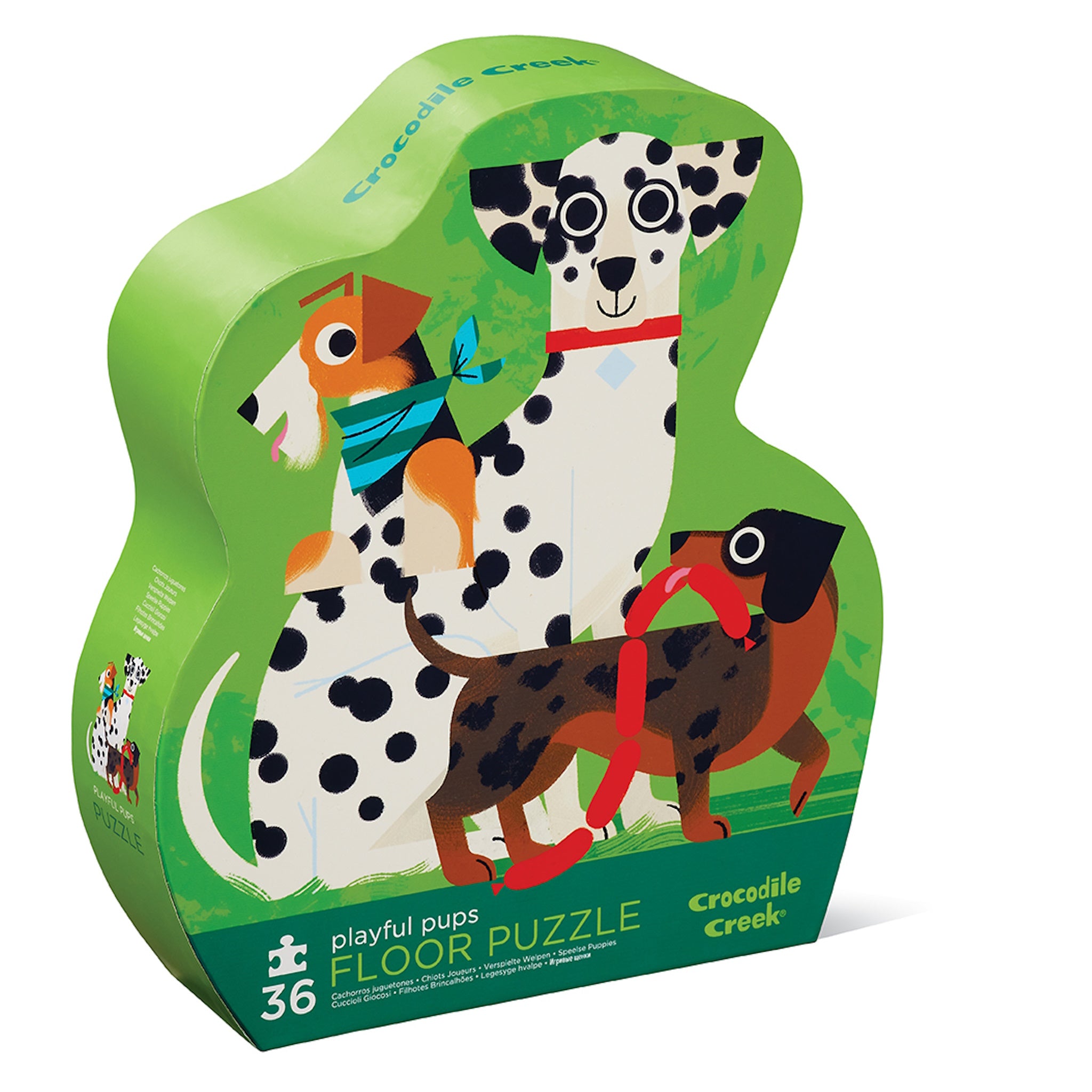 A Playful Pups floor puzzle box featuring illustrations of different dog breeds with a green background. The box indicates it has 36 pieces and is suitable for ages 3+.