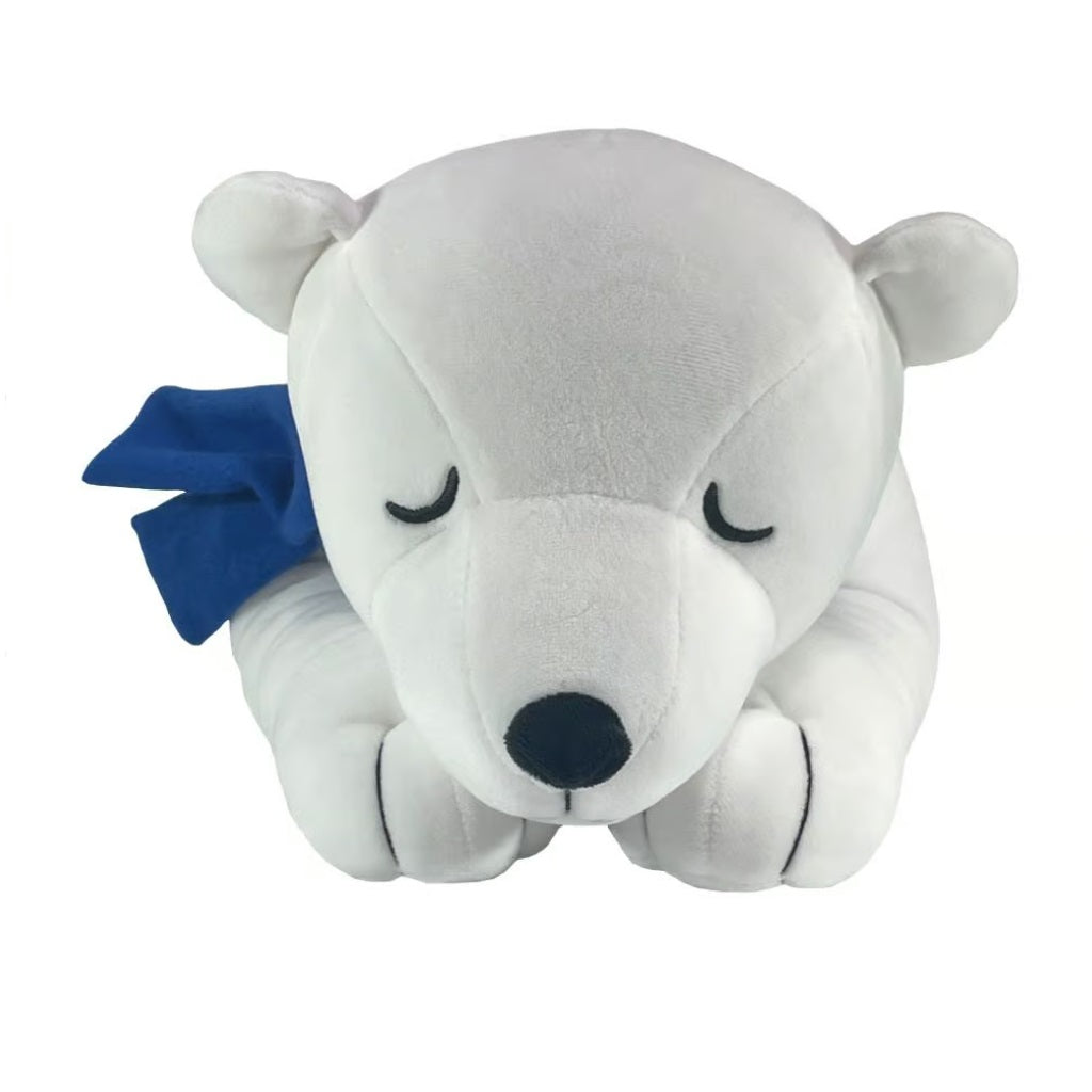 A plush toy resembling a white polar bear with a blue bow on its neck.