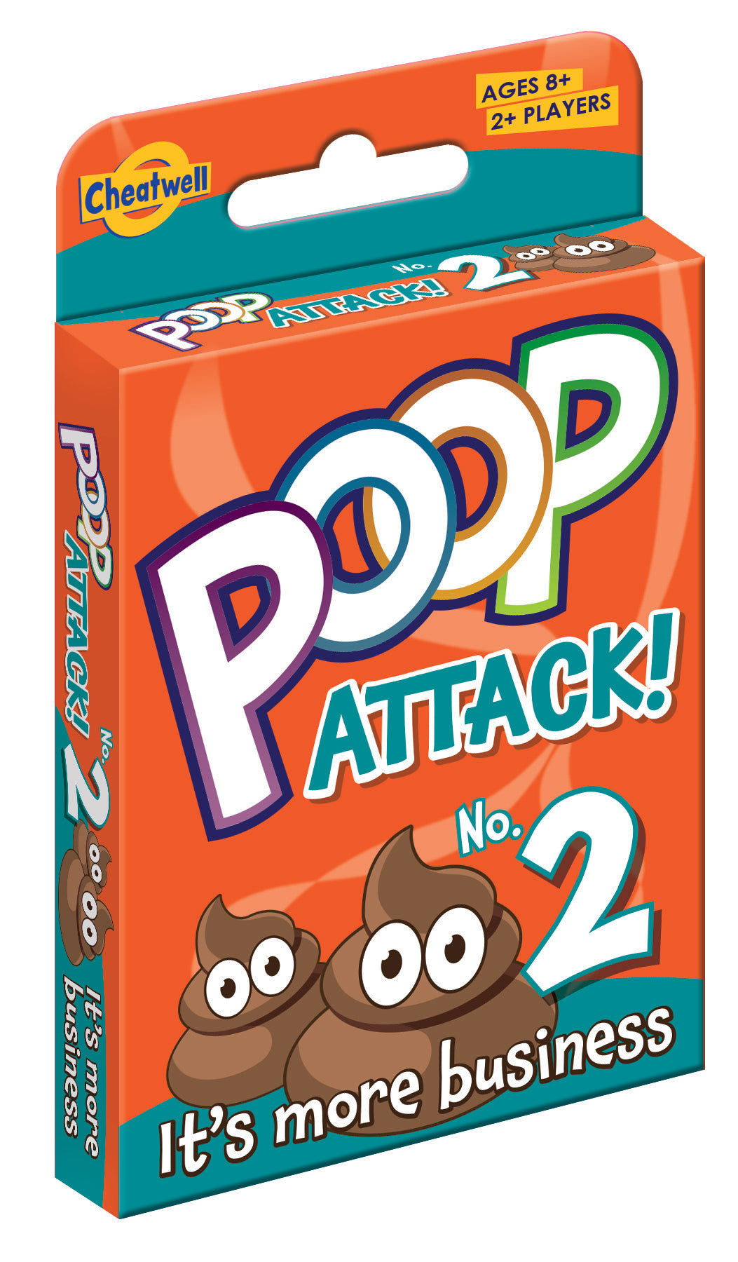 Packaging for the card game 'Poop Attack No 2' featuring cartoon images of poop and details of the game.