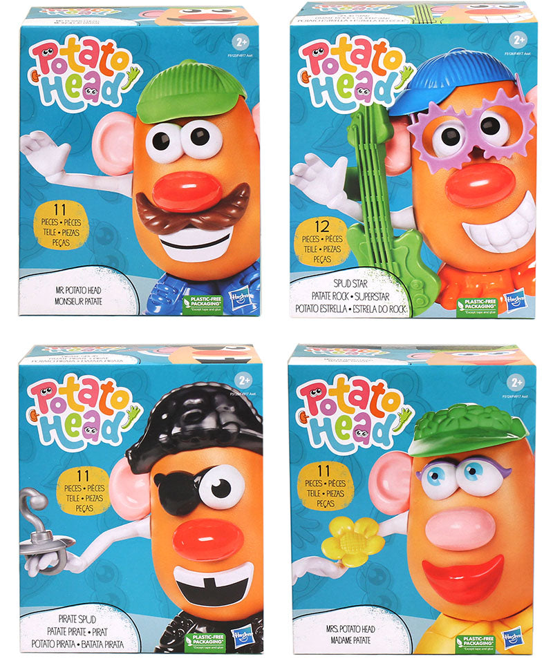 Four boxes of Mr. Potato Head toy parts and pieces with different character accessories such as a green hat, a pirate eye patch, a party hat, and a set with no additional accessories.