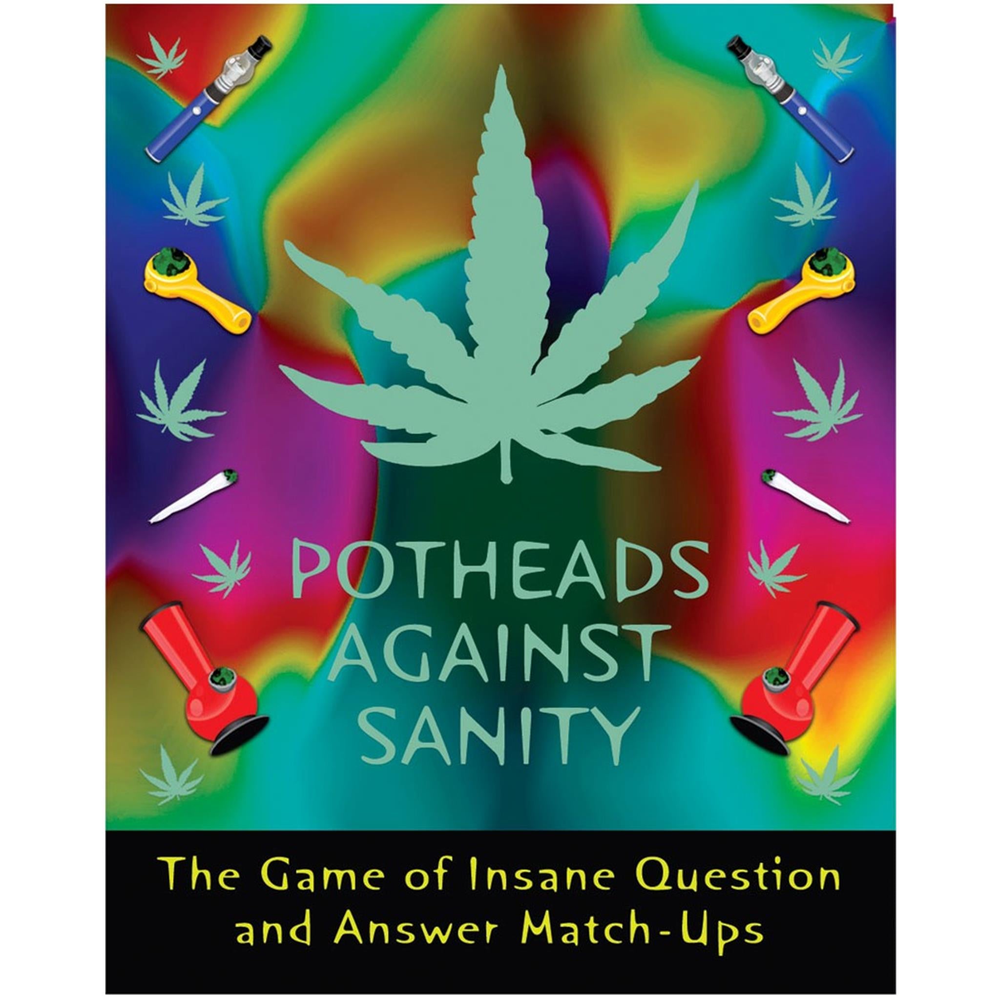 The image displays the product titled "Potheads Against Sanity," which is presented as a colorful and visually engaging party game box. The box features a bold graphic of a cannabis leaf at the top, surrounded by playful illustrations of a joint, a bong, and a cannabis plant.