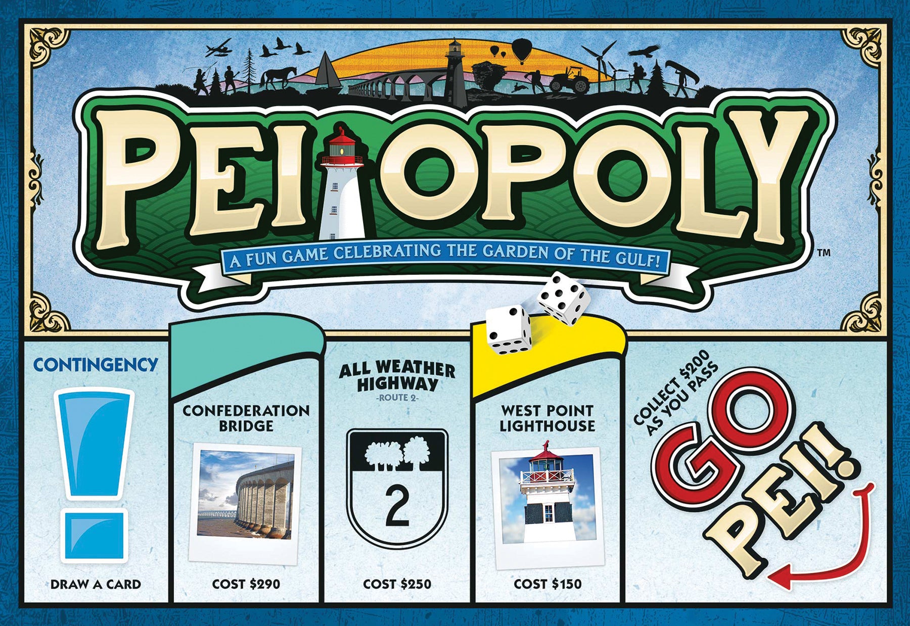 A board game cover for 'Pei-Opoly', featuring iconic locations from Prince Edward Island and a dice roller.