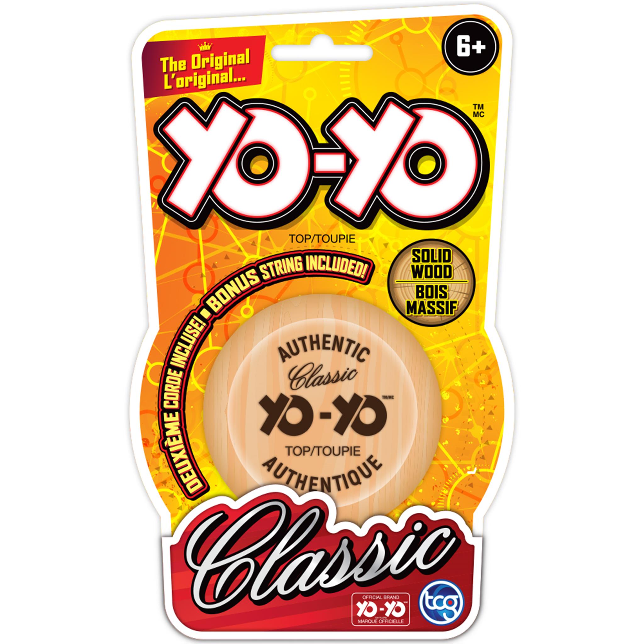 Packaged classic wooden YO-YO toy in original packaging, predominantly yellow and orange with a clear window displaying the Yo-Yo.