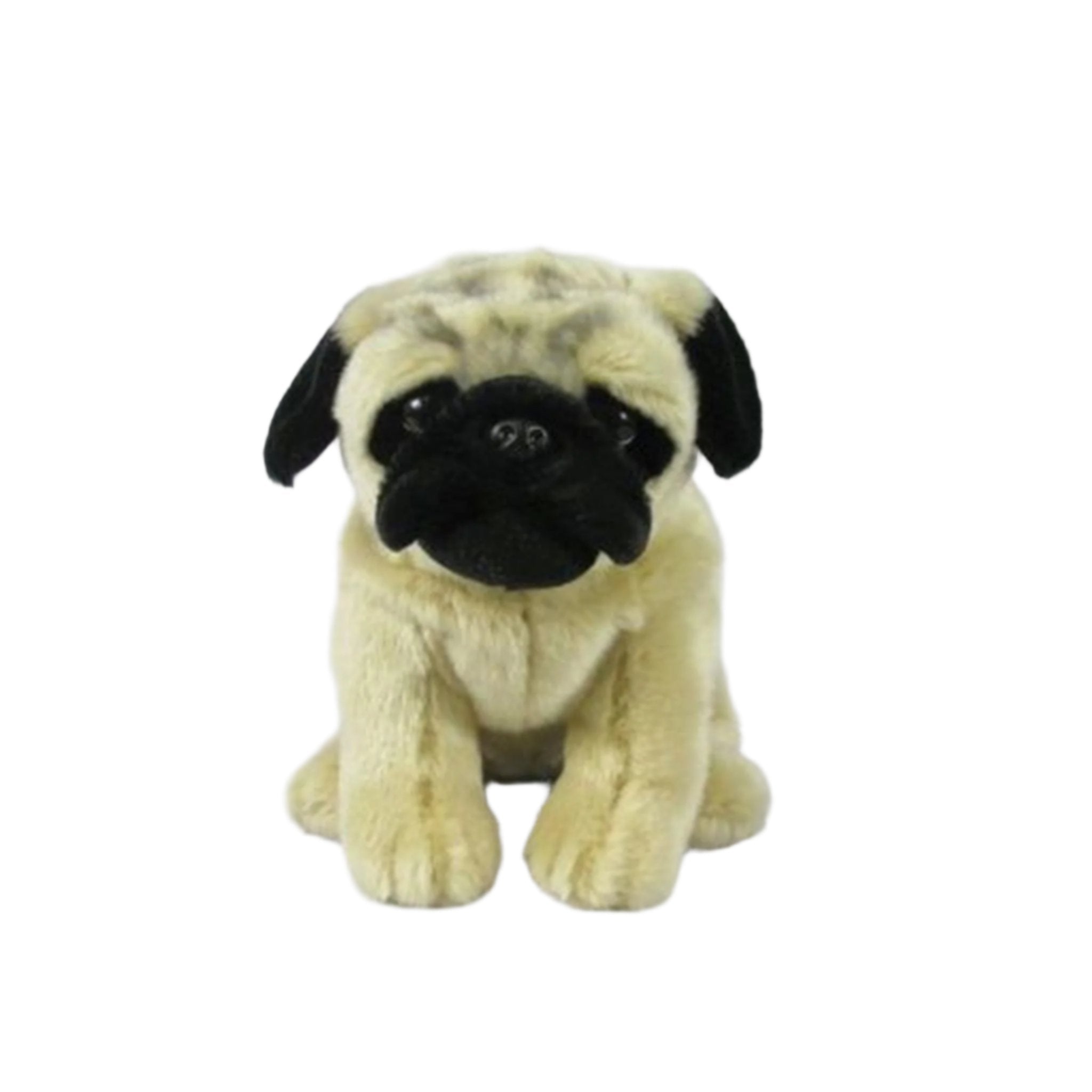 A plush toy resembling a pug dog, with a beige body and black face.