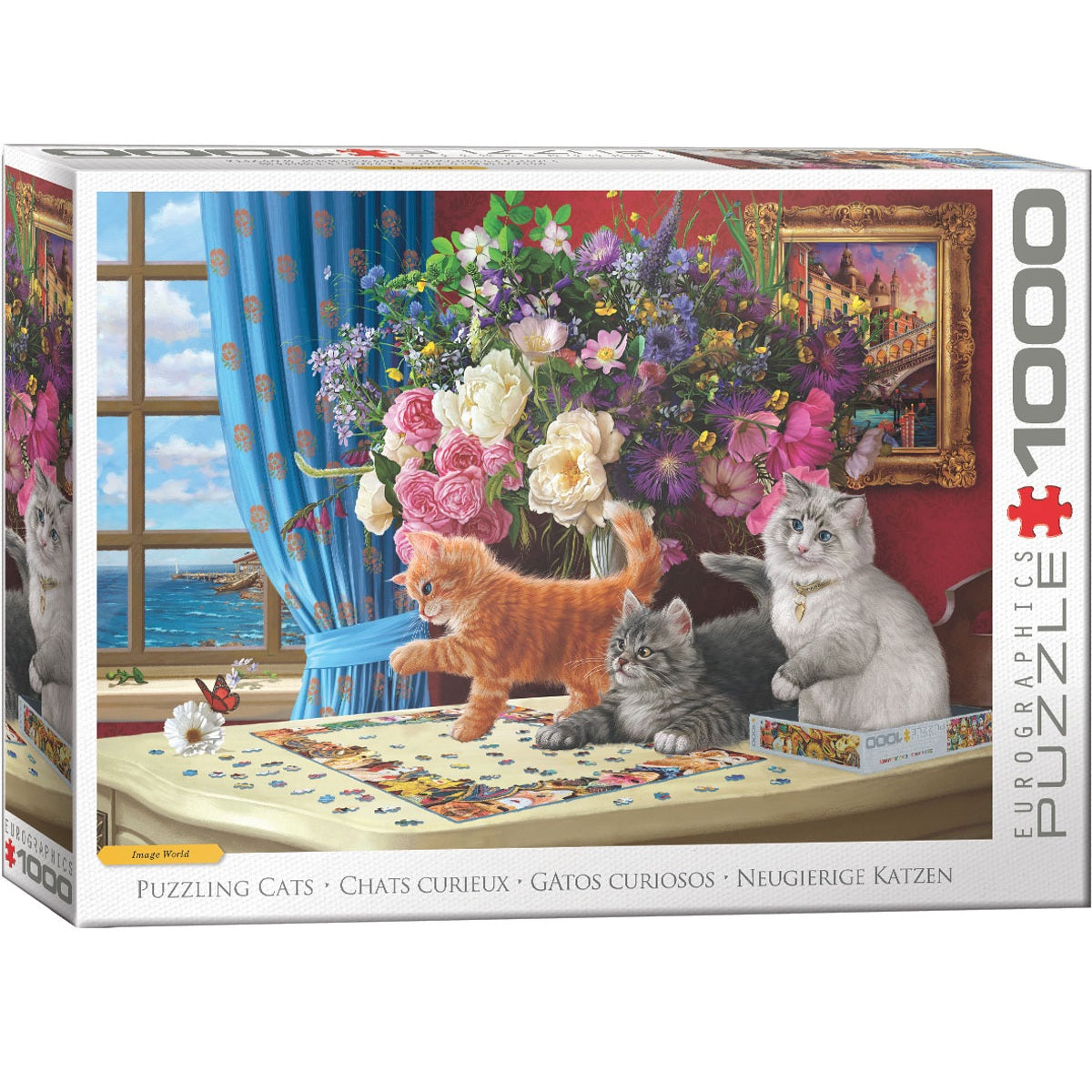 Jigsaw puzzle box with cats and flowers on a table, featuring the brand 'Eurographics'.