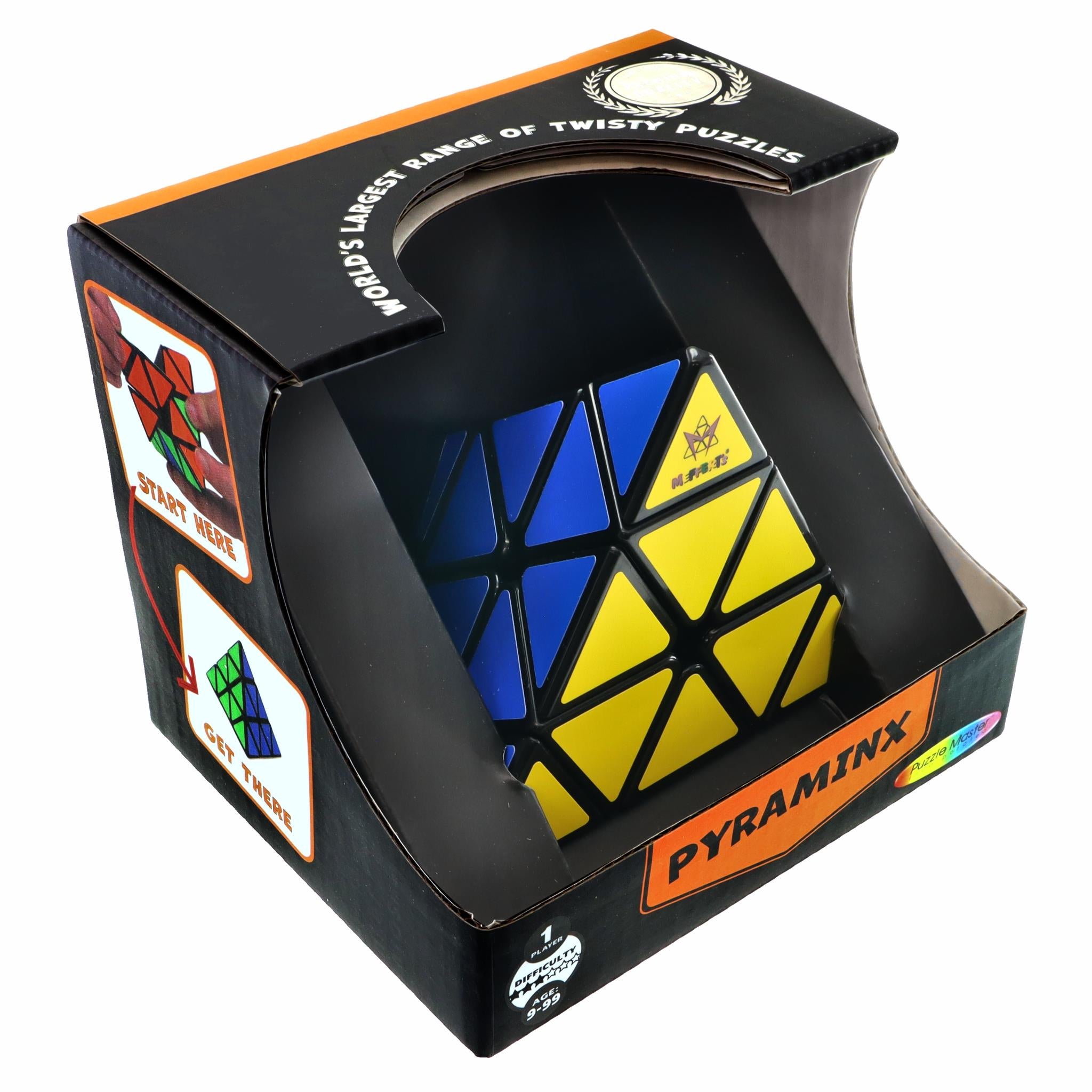 A colorful Pyraminx puzzle in its packaging, featuring a combination of blue, yellow, and black colors.