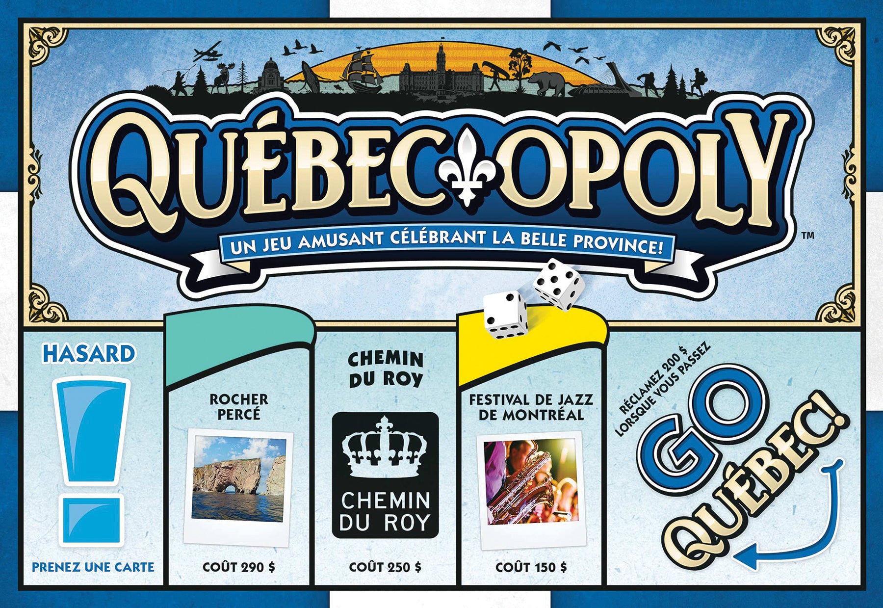 Board game cover for Quebec-Opoly featuring iconic Canadian landmarks and French text, indicating the theme and location.