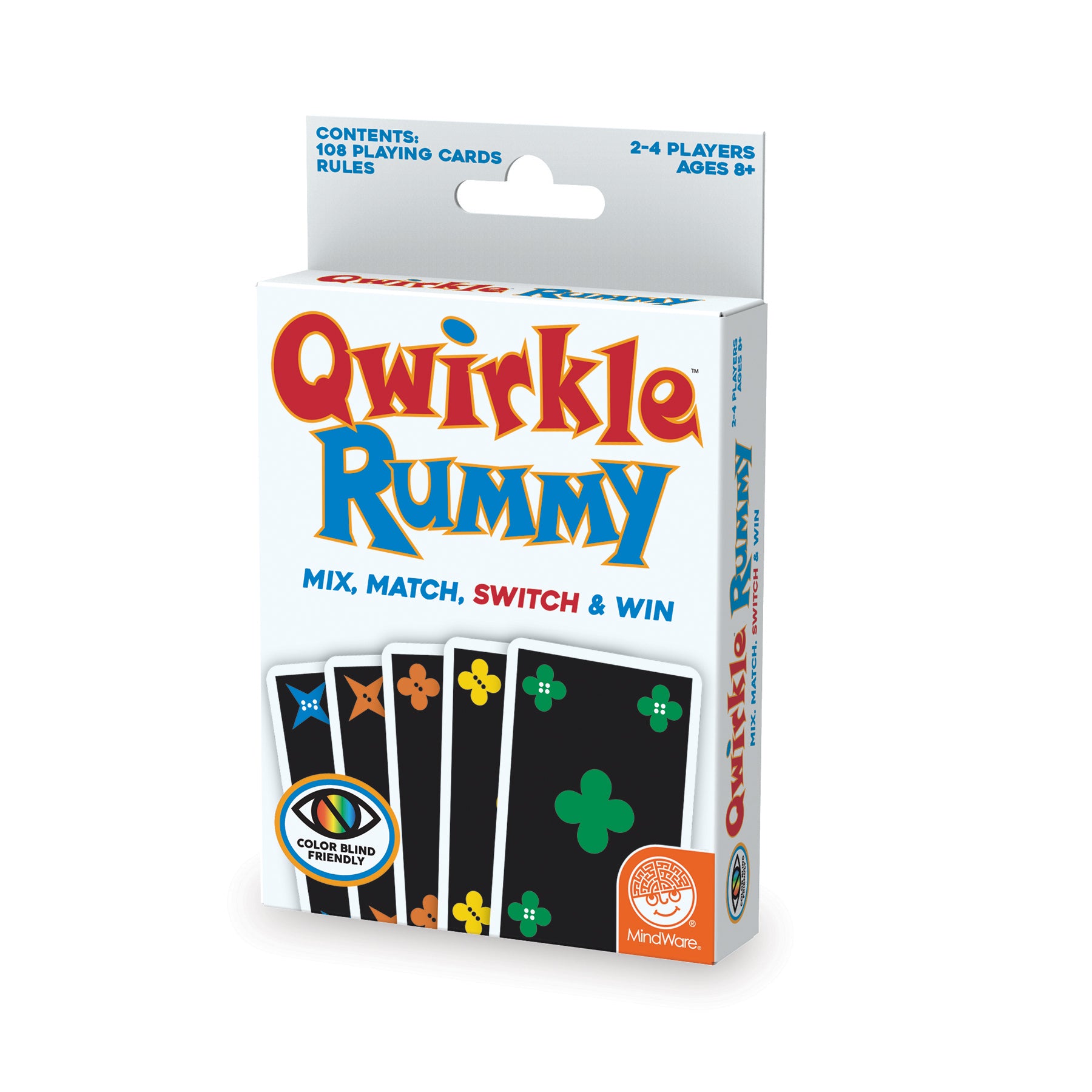 Packaging for Qwirkle Rummy card game showing the box with colorful geometric design and text, indicating it is a game for mixing, matching, and winning.