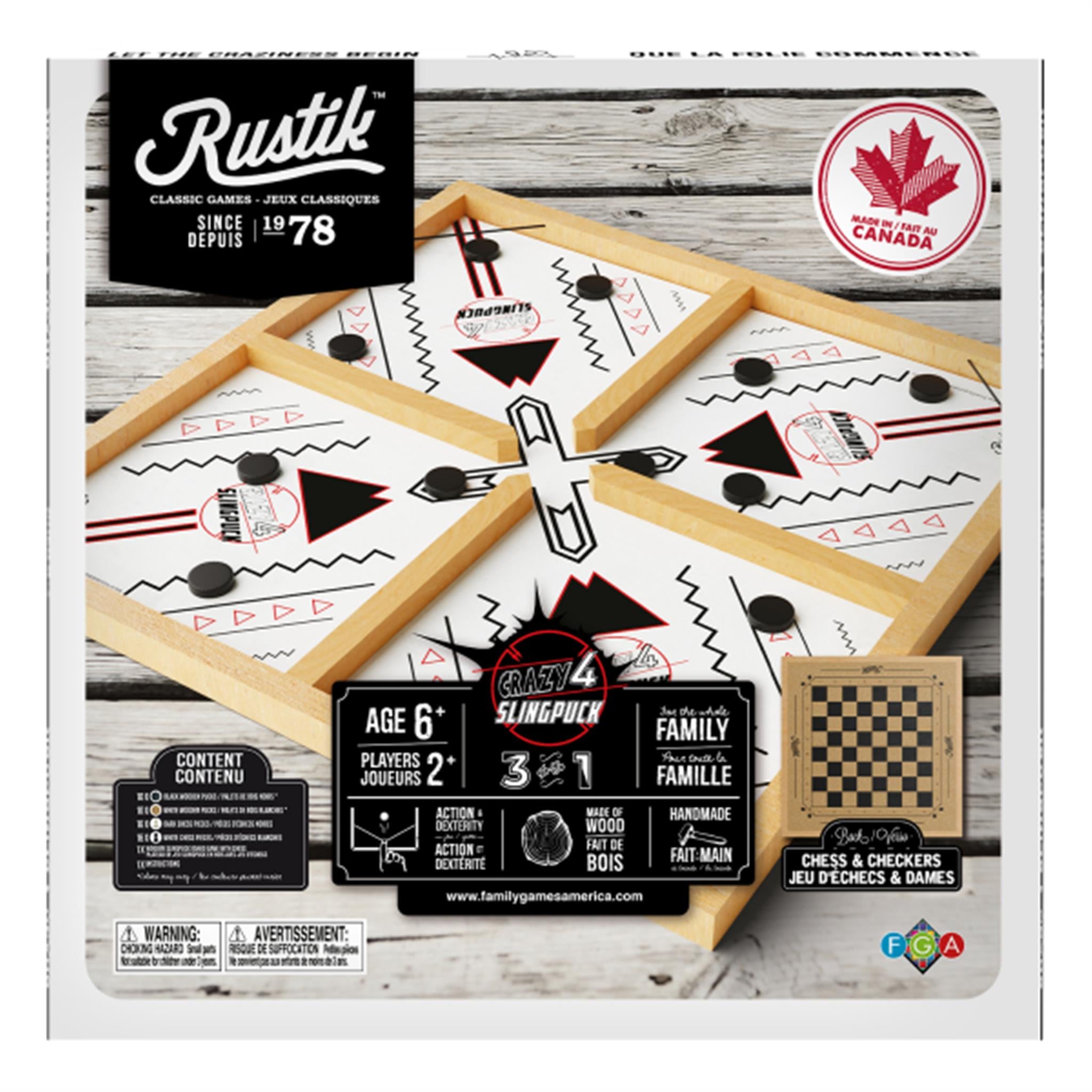 Packaging for RUSTIK 3 in 1 Crazy4 Slingpuck Chess Checker board game, displaying the game's name, rules, and age appropriateness.