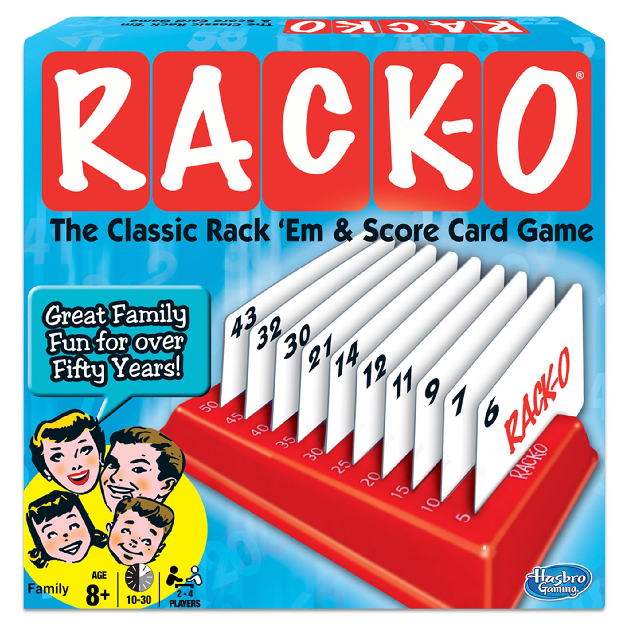 The image shows the board game 'Racko' with its name displayed at the top. The game's visual packaging includes an illustration of a family playing the game and the rack used to hold the cards.