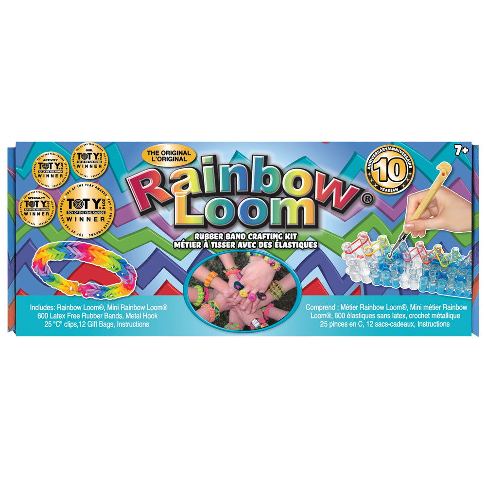 Packaging for the Rainbow Loom Classic Kit featuring the loom and bands in various colors, with instructions and additional accessories like C-Clips and a metal hook.