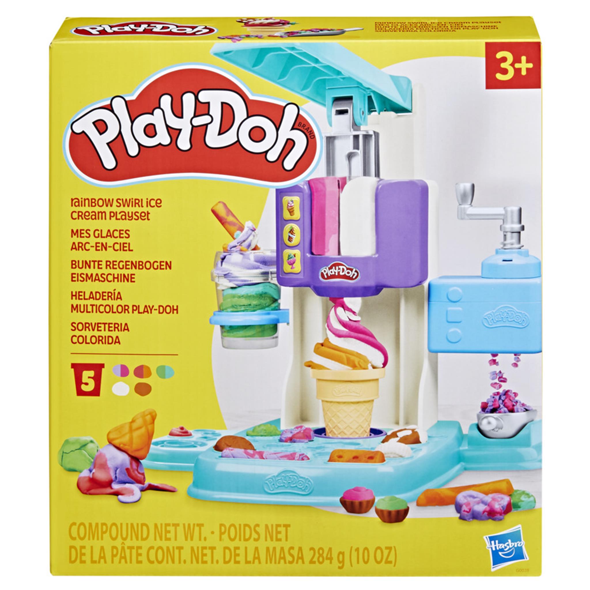 Packaging for the Play-Doh Rainbow Swirl Ice Cream Playset, featuring the toy ice cream machine and accessories with Play-Doh compound visible.