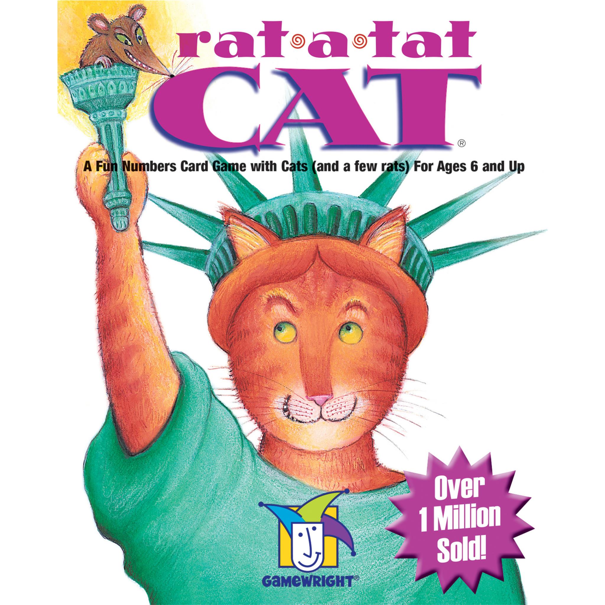 The cover of the 'Rat A Tat Cat' card game package features a cartoon cat character holding a poker deck, with a 'Freeze' sign in the background. The game is marketed for ages 6 and up.