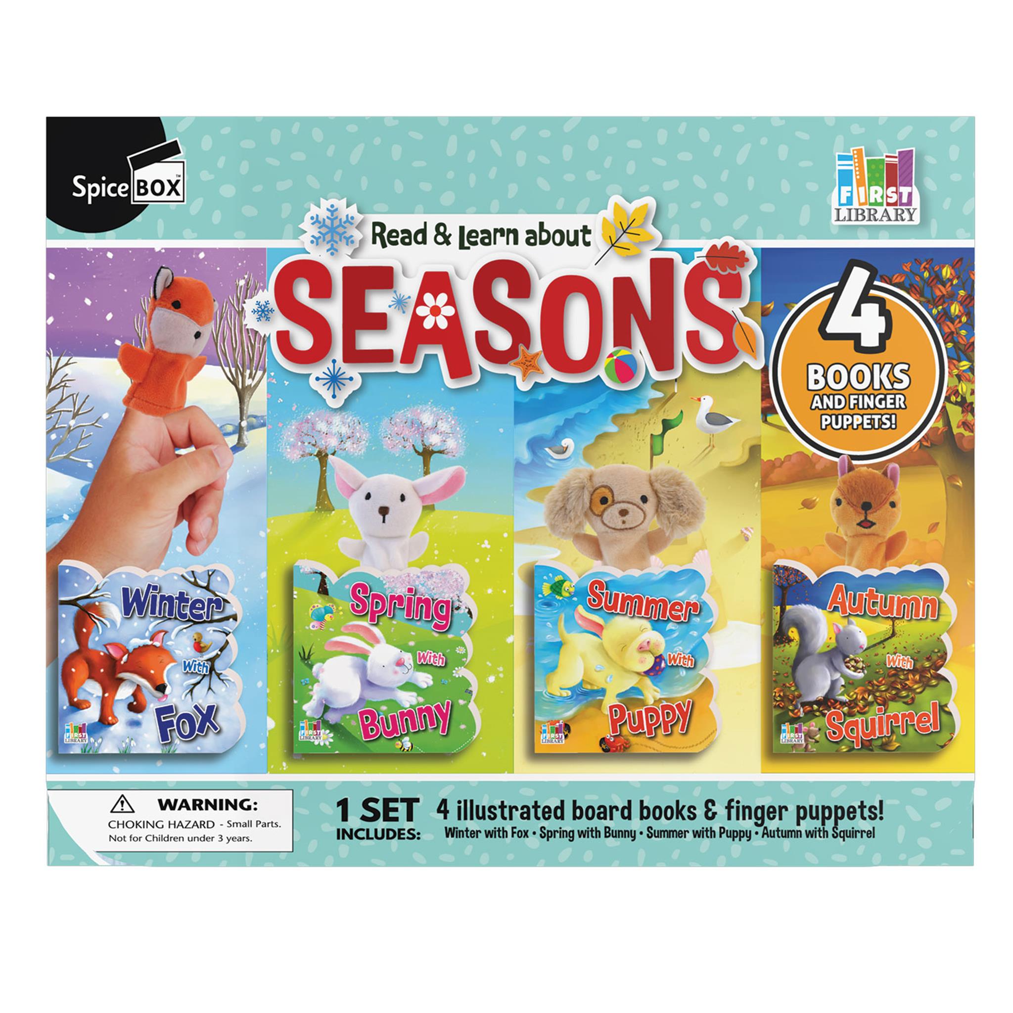Packaging for 'Read & Learn About Seasons' book and finger puppet playset, featuring illustrations of seasonally themed finger puppets and books.