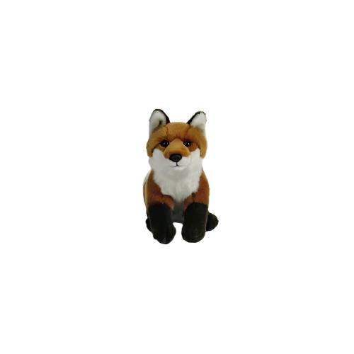 A plush toy resembling a red fox with a brown, white, and black color scheme, sitting upright.