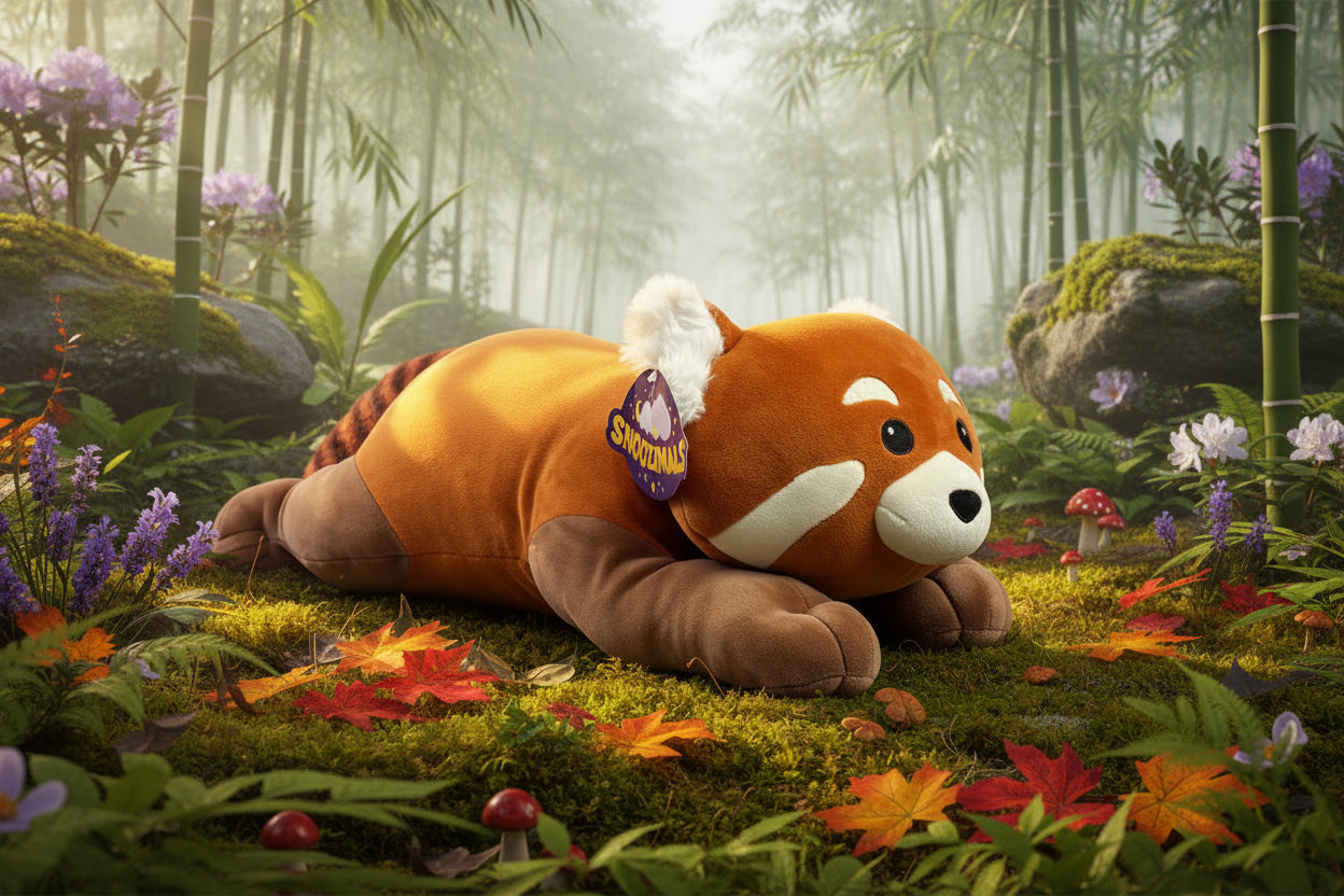 Plush red panda toy in a forest setting with trees and flowers.