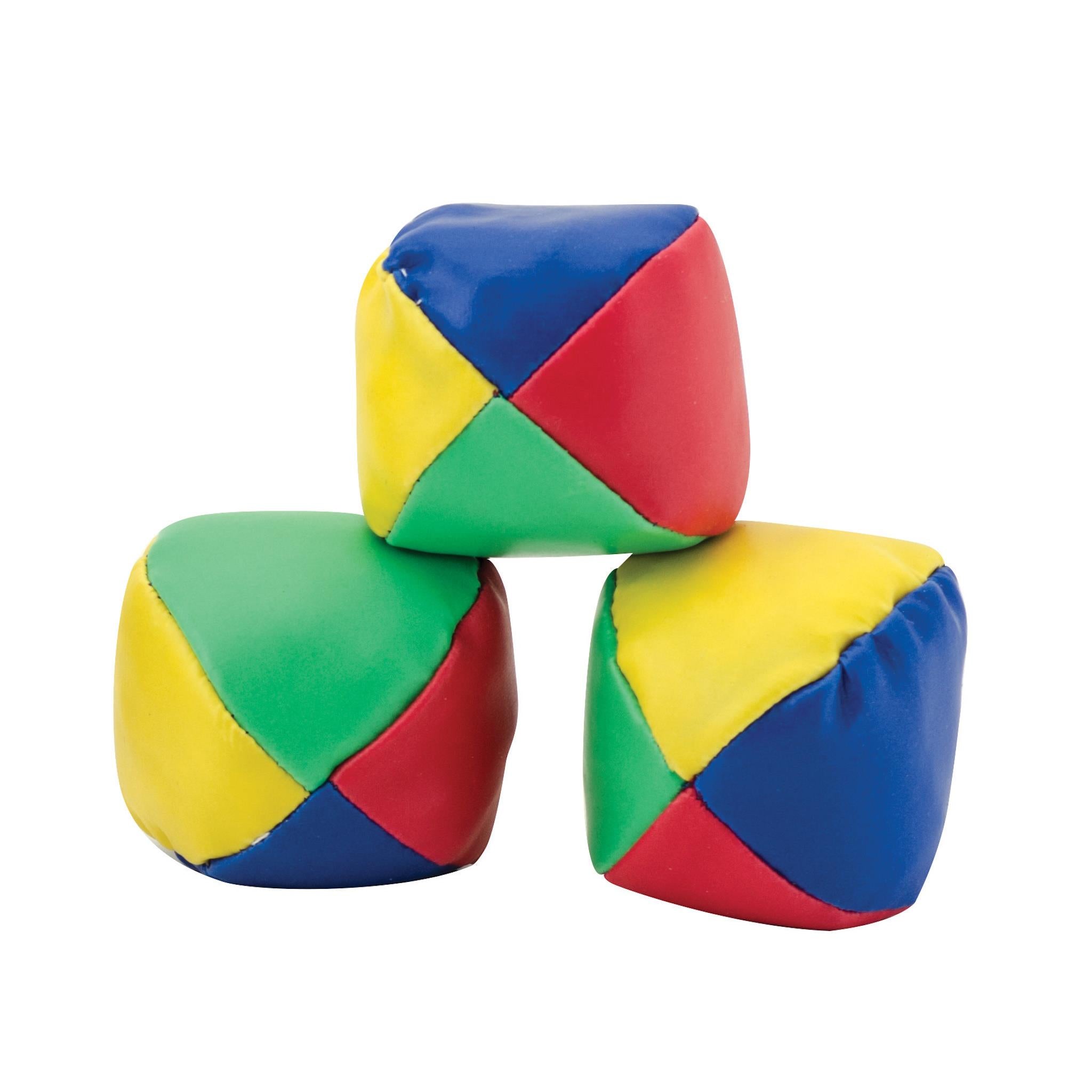 Three colorful juggling balls arranged in a stacked fashion. The balls are red, blue, and green in color.