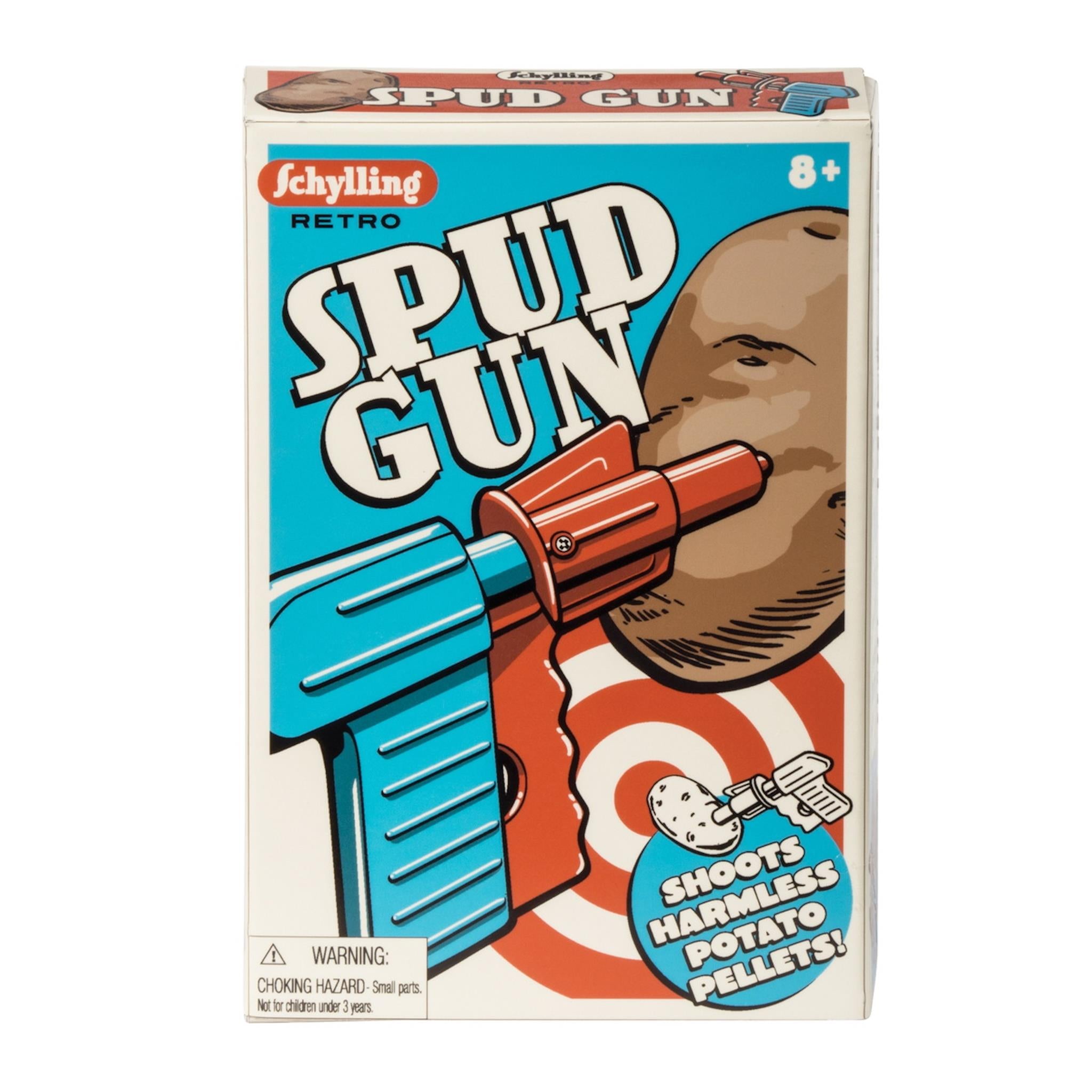 Box packaging for the Retro Spud Gun toy featuring a cartoon illustration of a child's face with a gun and the name 'SPUD GUN' prominently displayed.