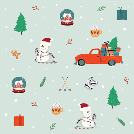 Calendar wrap with wintery themed characters such as snow globes, Christmas trees, snowmen in hats with lights and a little red pick up with a tree and gifts in the back