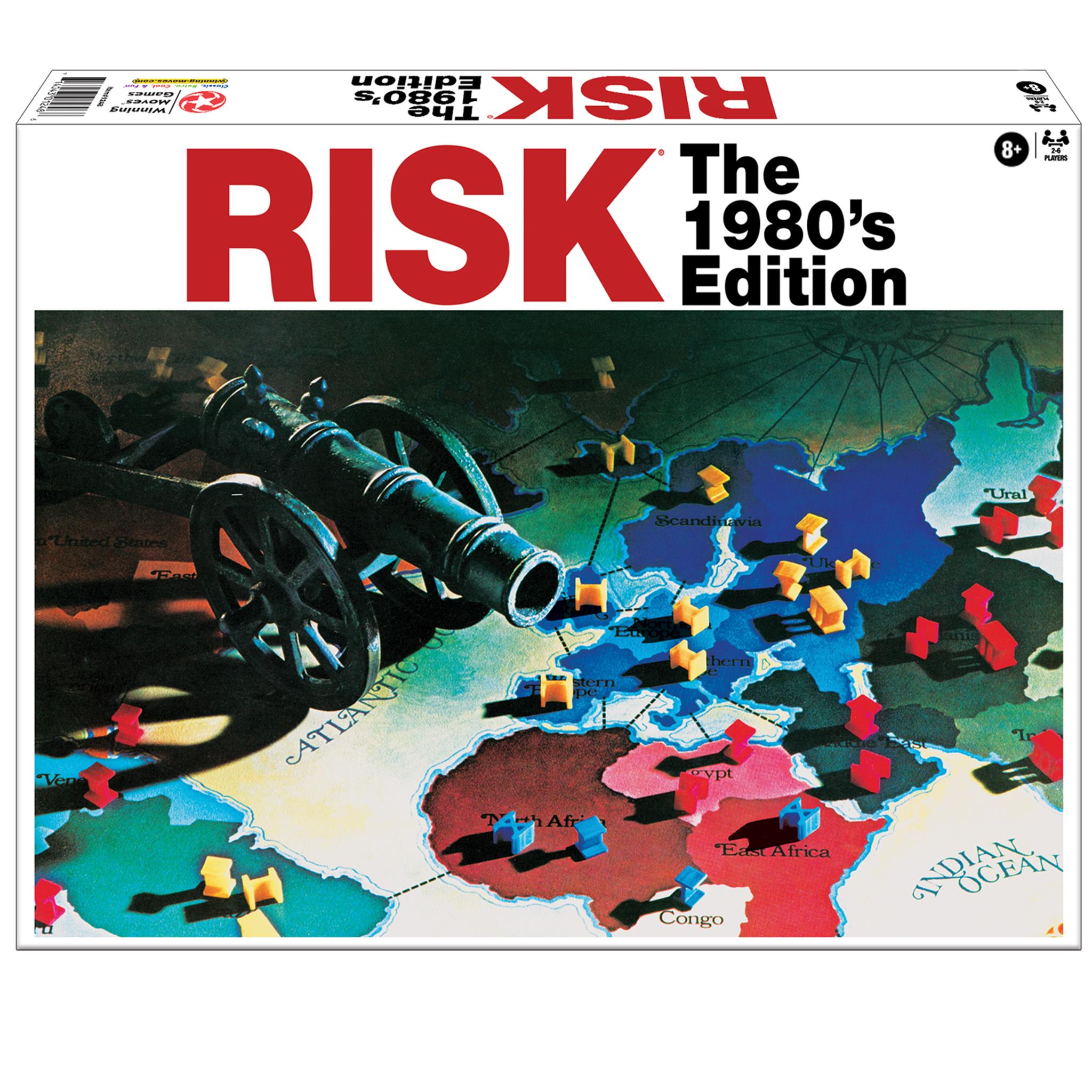 Board game cover for 'Risk: The 1980's Edition' featuring a map with various colored armies and strategic locations.