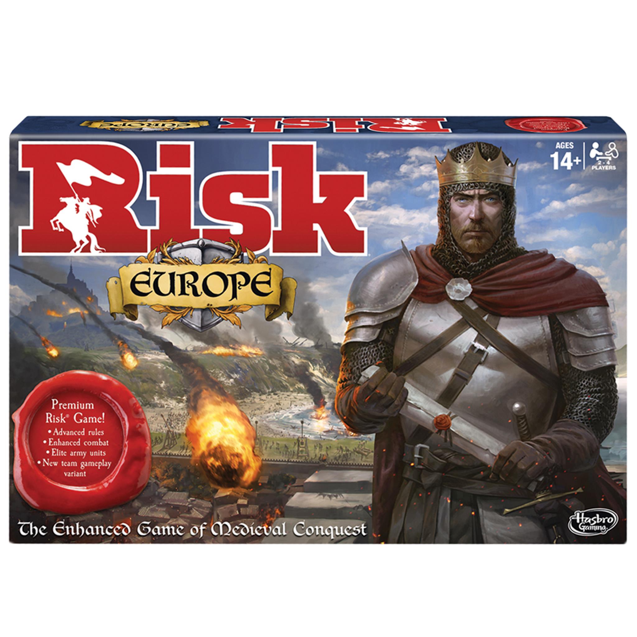 A board game box cover for 'Risk Europe' featuring a graphic of a medieval king with a backdrop of a castle and a flaming sword.