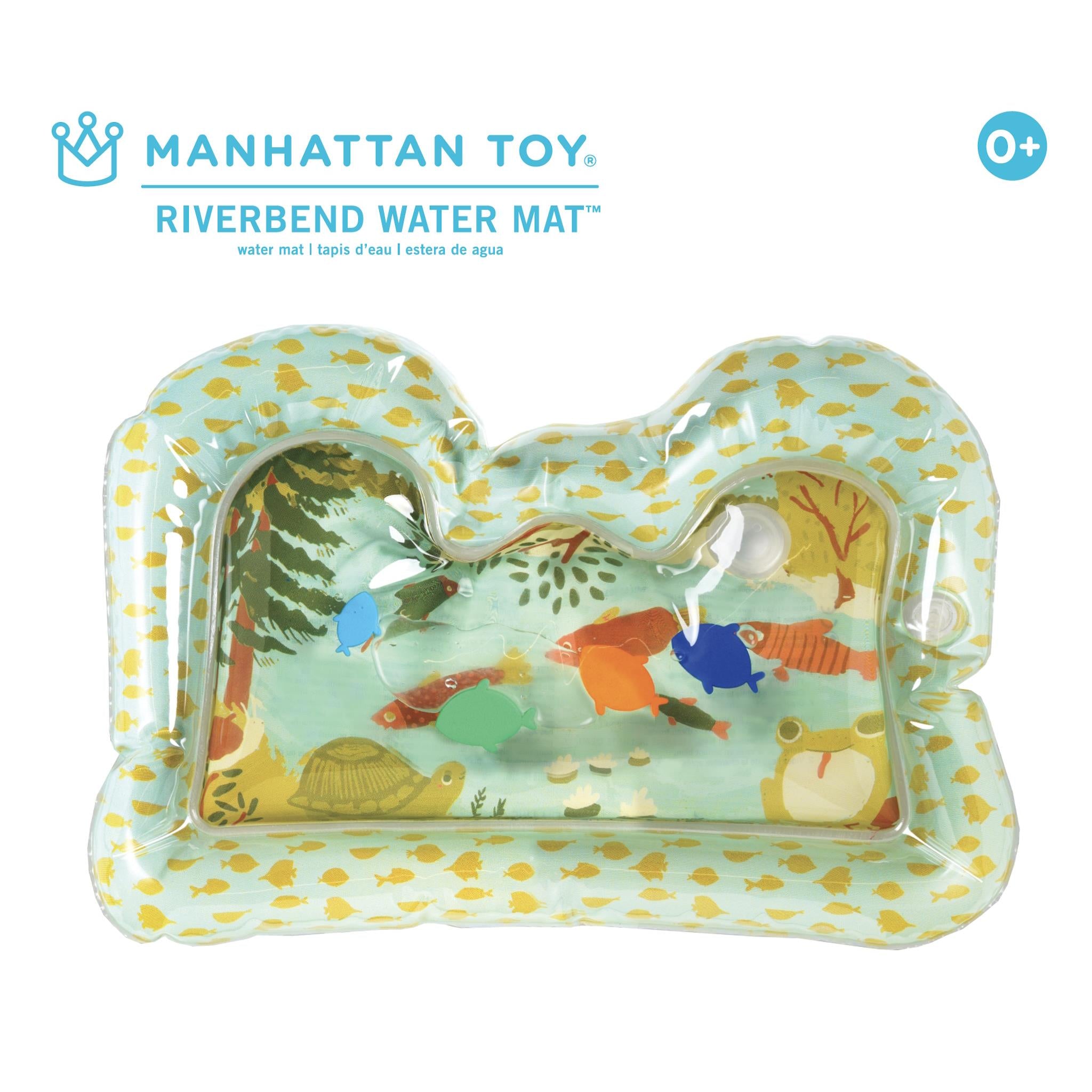 The image displays the Riverbend Water Mat by Manhattan Toy, featuring a colorful underwater theme with fish and coral, and includes four foam fish that float within the water reservoir.